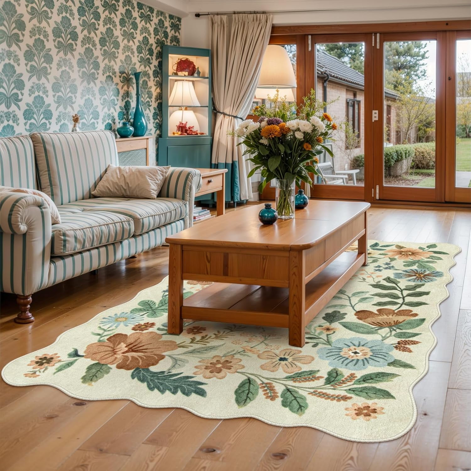 Moynesa Floral Area Rug, Non-Slip Washable Boho Rug for Living Room and Bedroom (Beige, 5 ft x 7 ft) ekrfw