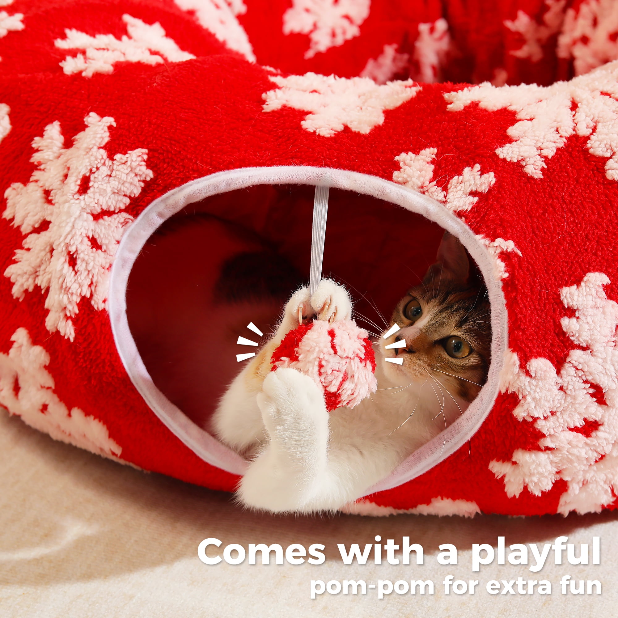PAWZ Road Christmas Cat Tunnel Bed with Soft Mat and Hanging Toys (Red, 34 in) 3w2e7
