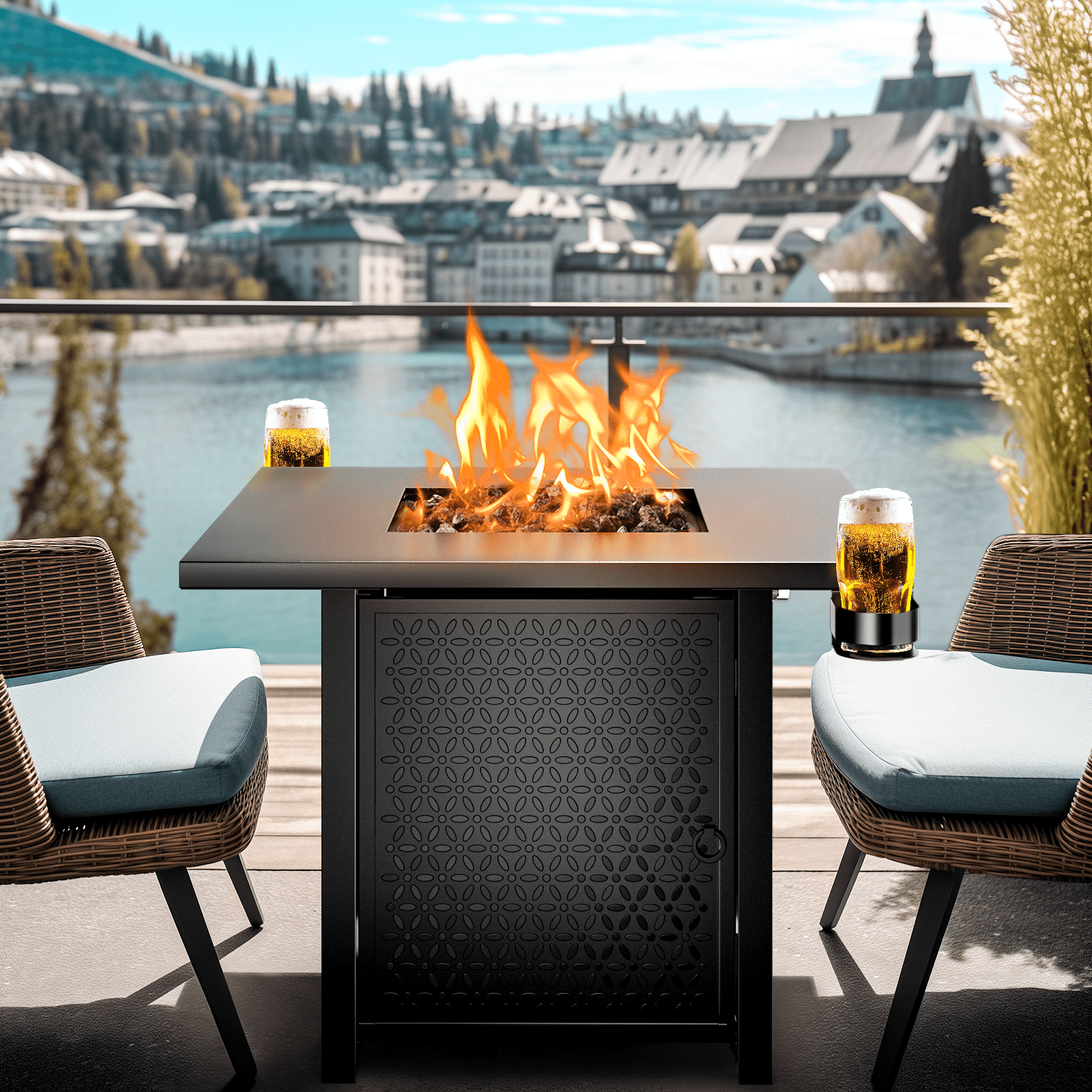 Philergo 28 Inch Propane Gas Fire Pit Table with Lid and Lava Rock (Black, 28 in) 5vdul