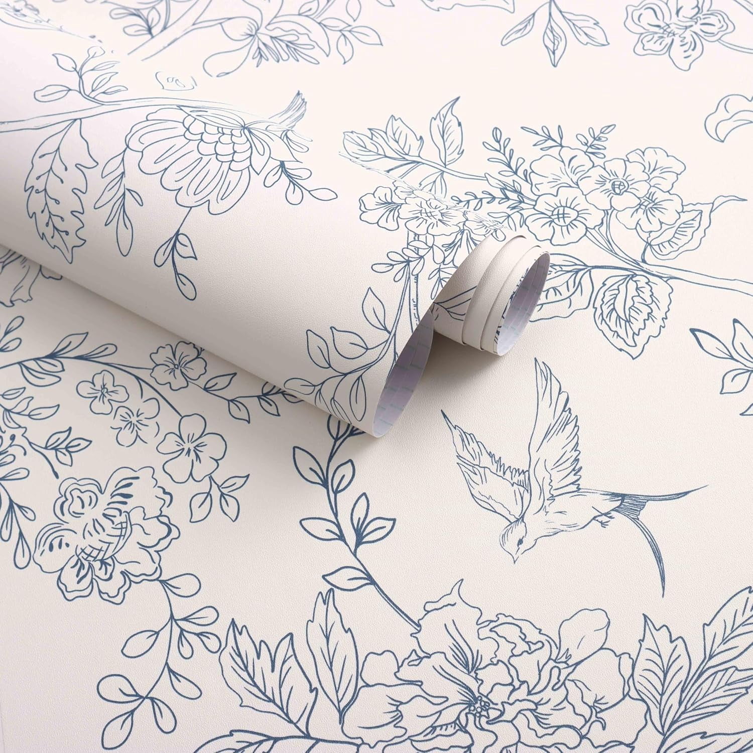 Usachibb Vintage Floral Peel and Stick Wallpaper, Removable Boho Contact Paper for Bedroom and Bathroom (Cream White and Blue, 17.7 in x 118.1 in) 7fljd