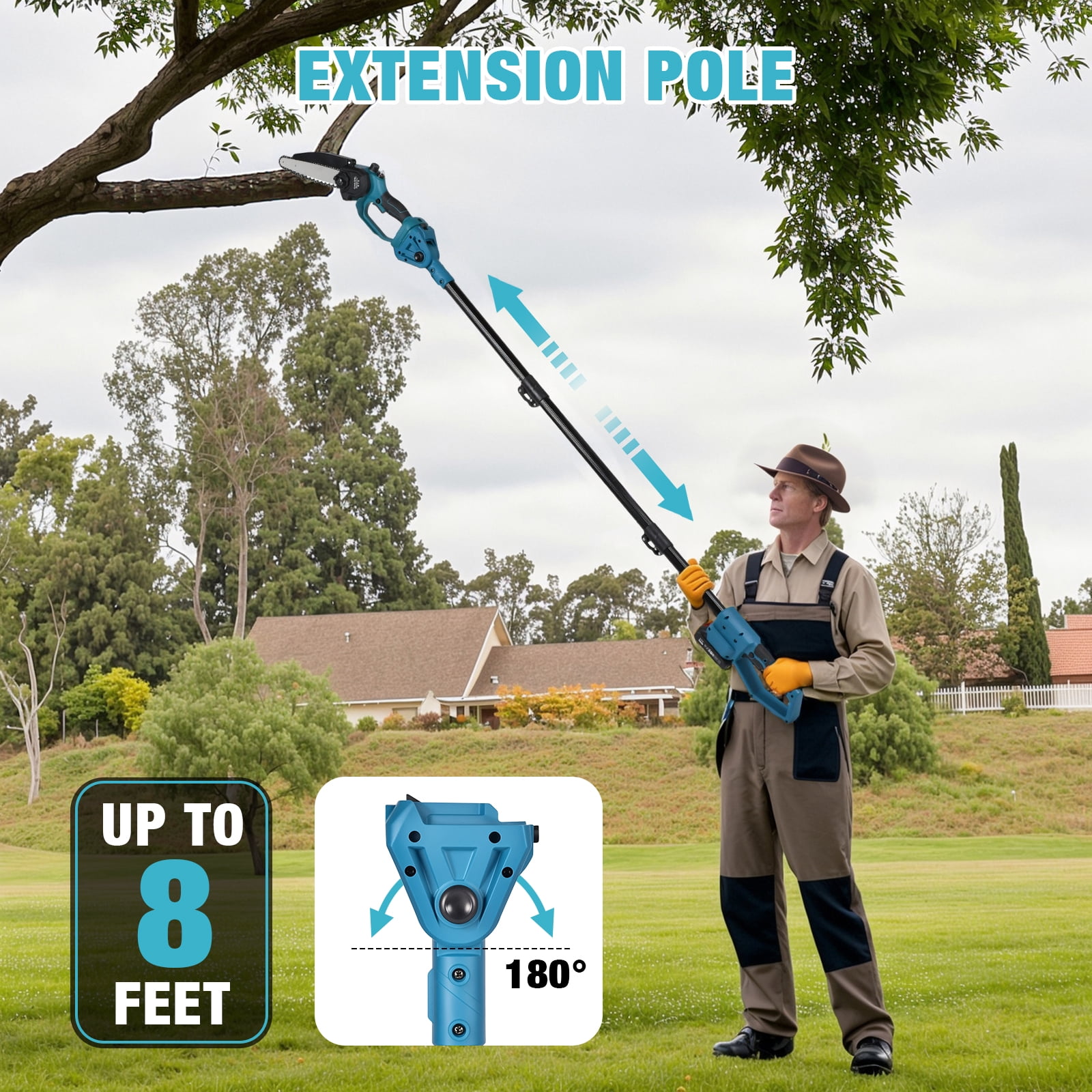 ADVWIN 2-in-1 Cordless Electric Pole Saw and Mini Chainsaw, Telescopic Tree Trimmer with 2 Batteries (Blue, 6 in and 8 in) emgzf