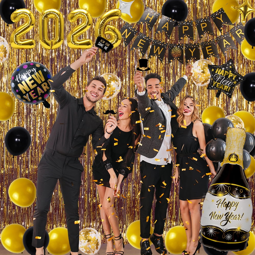 MSJEHQI New Year Party Decorations Kit 2026 Happy New Year Banner Balloons Photo Booth Props (Gold and Black, 53 Piece Set) wtqgx