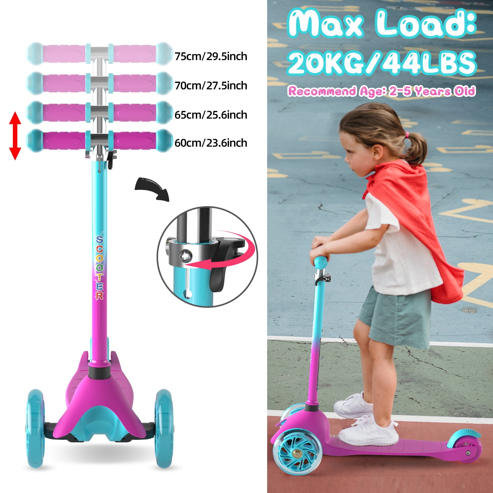 KORIMEFA 3-Wheel Kids Kick Scooter with Light-Up Wheels and Adjustable Handlebar (Pink, 110 lb Capacity) avdw0