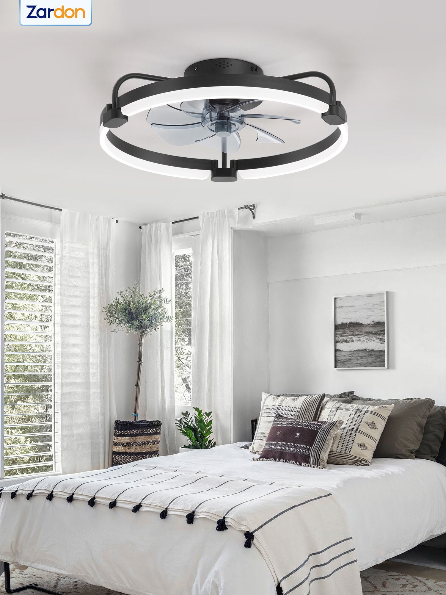 Zardon 20 in Flush Mount Ceiling Fan with LED Light and Remote Control (Black, 20 in) n2ly7