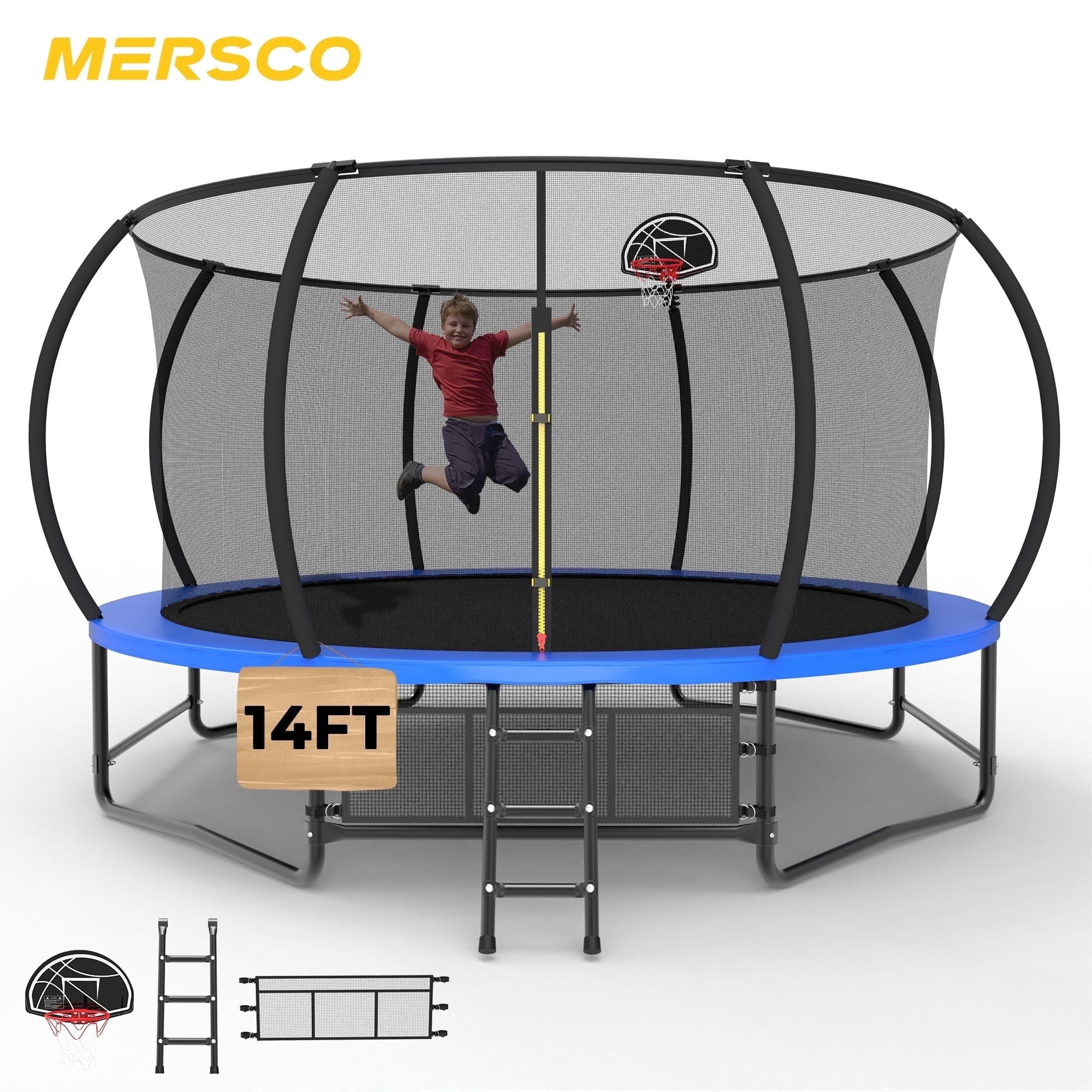 Mersco 14ft Outdoor Trampoline with Enclosure Net, Basketball Hoop, and Storage Bag (Blue, 14 ft) ue87b