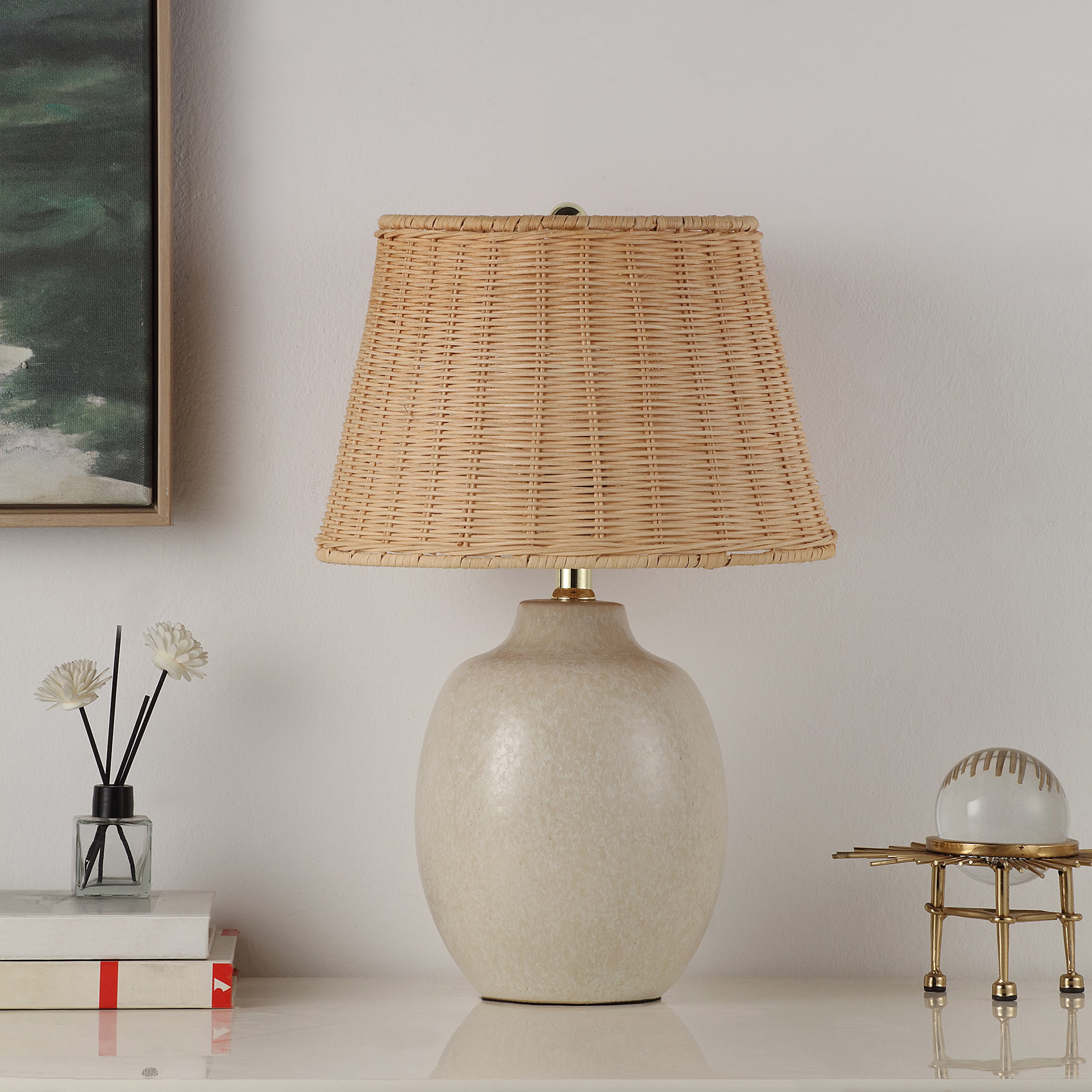 Better Homes & Gardens Ceramic Table Lamp with Natural Rattan Shade (Cream, 18 in) i5kof