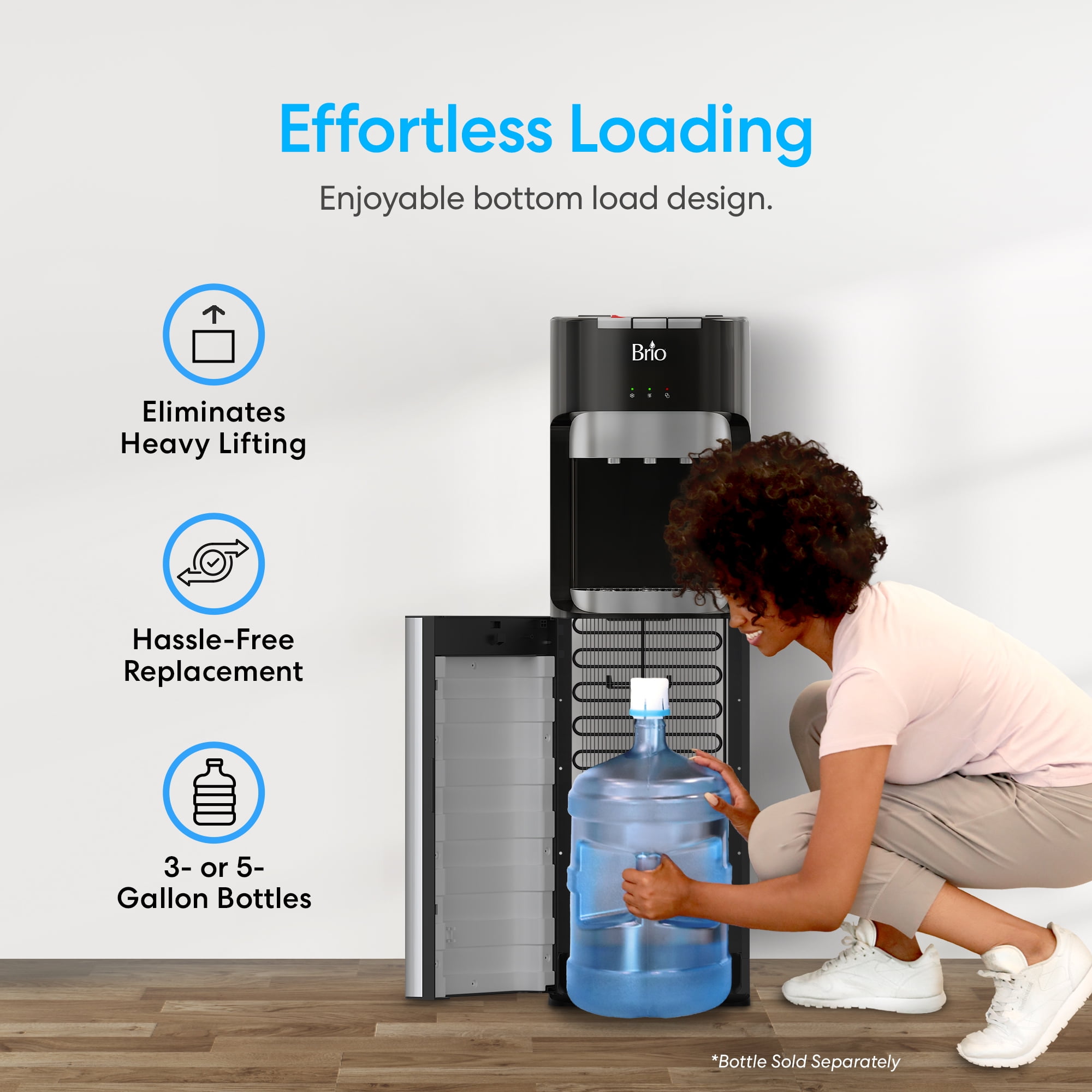 Brio Bottom Load Water Cooler Dispenser with Hot, Cold, and Room Temperature Settings (Silver, 41.4 in) mrpmu