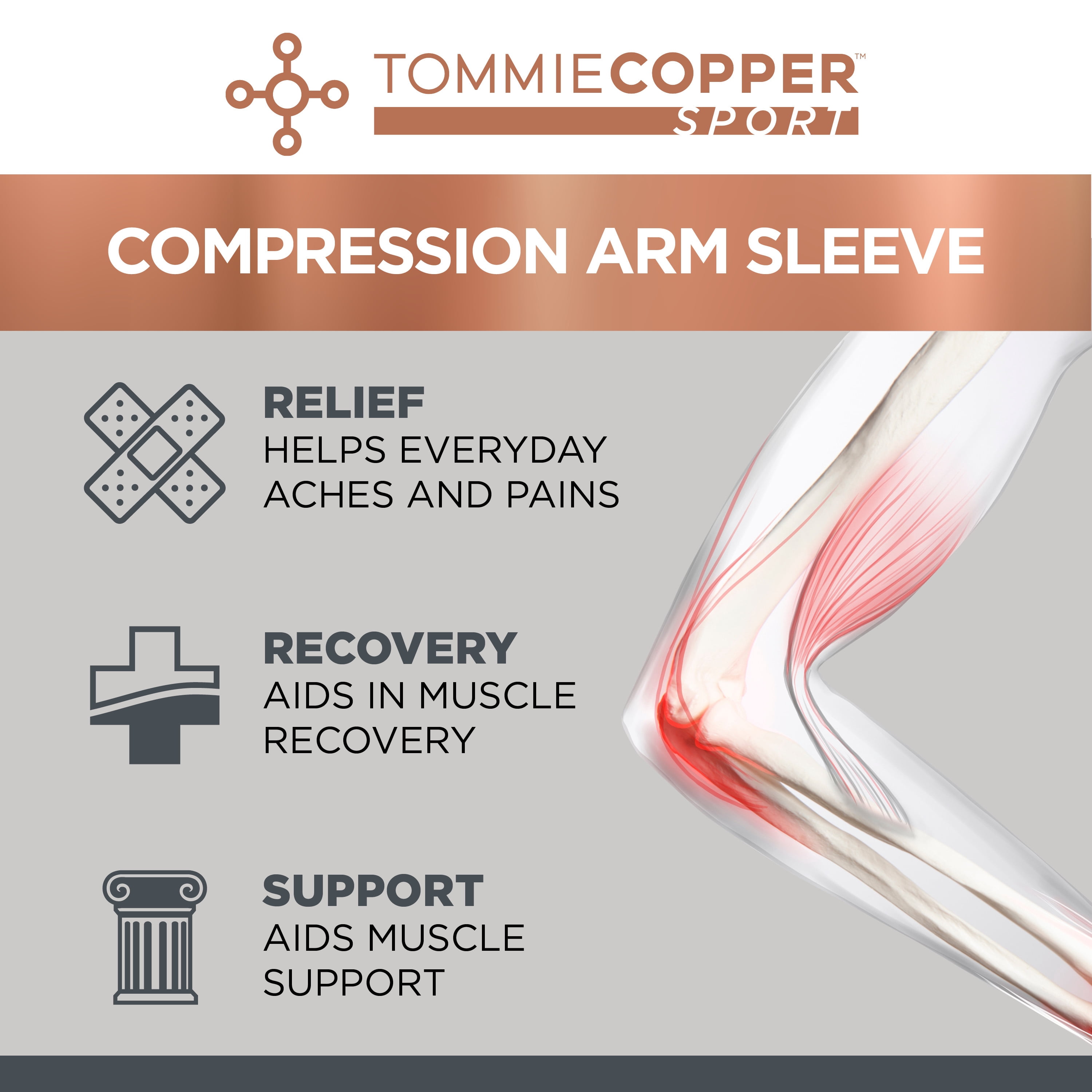 Tommie Copper Sport Compression Arm Sleeve, Copper Infused Support for Muscle Recovery (Black, Large/Extra-Large) rsyht