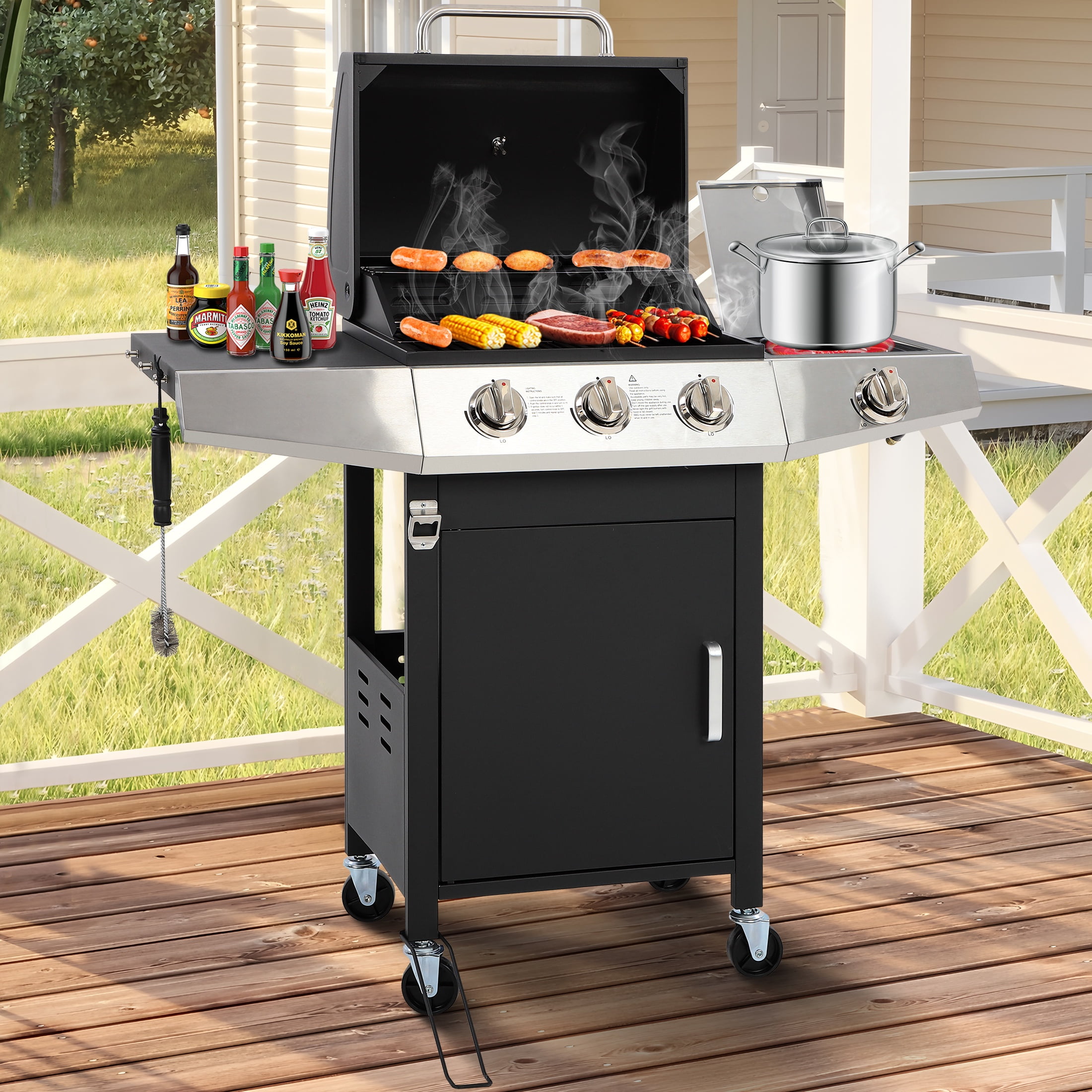 Segmart 3-Burner Propane Gas Grill with Side Burner and Thermometer (40000 BTU, 338 sq. in. Cooking Area) 54wni