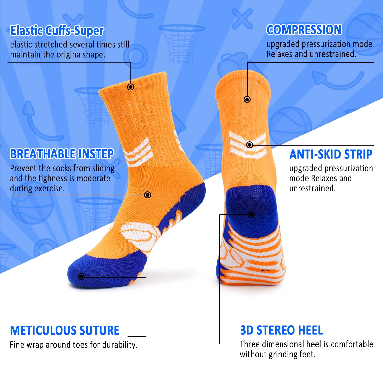 Tphon Kids Athletic Sports Socks Moisture-Wicking Basketball Soccer Crew Socks (Multicolor, 6 Pairs) 1r1qz