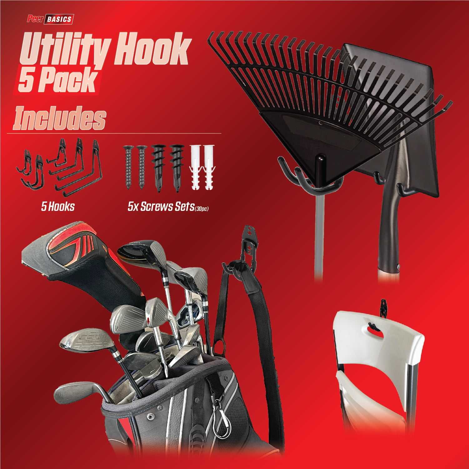PeerBasics Heavy-Duty Utility Hook Set, Garage Organization Storage Hangers (Black, 5 Pack) sxvmi