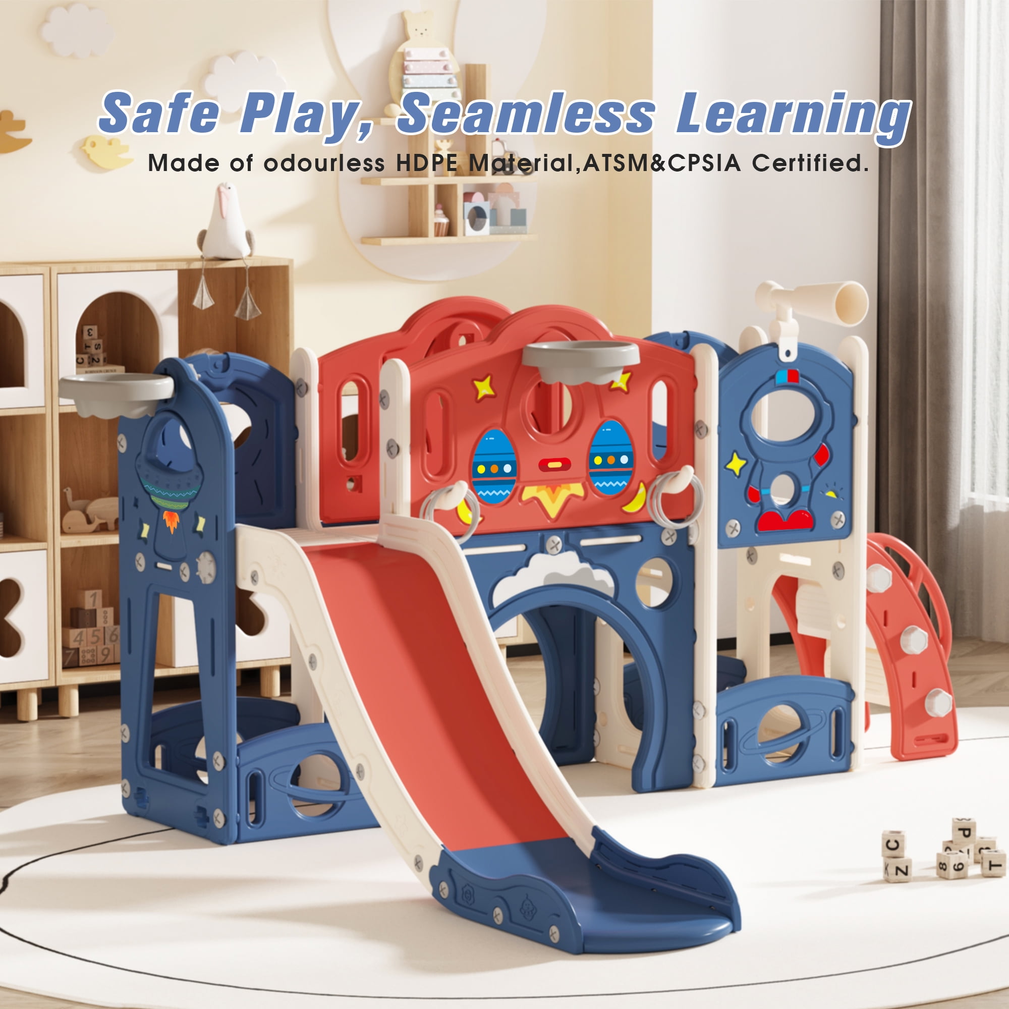 Nyeekoy 7-in-1 Kids Slide and Climber Playset with Basketball Hoop (Blue) nekk4