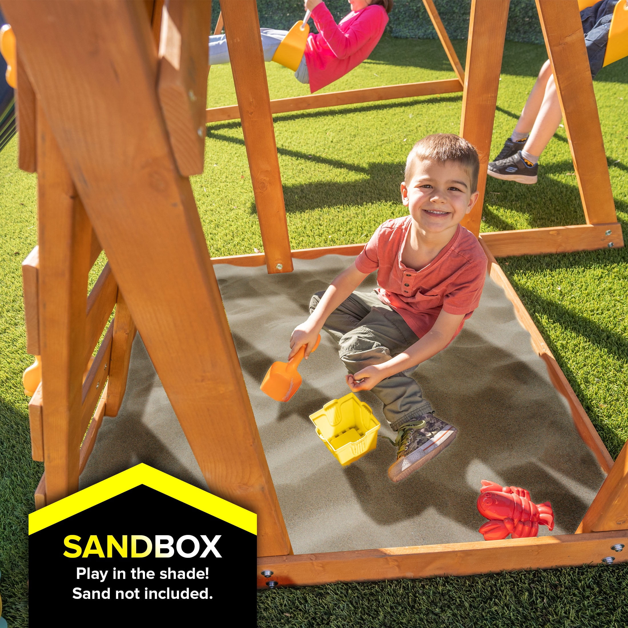 Sportspower North Peak Wooden Swing Set with Slide, Play Fort, Rock Climber & Sandbox (Yellow, 1 Set) 6q85e