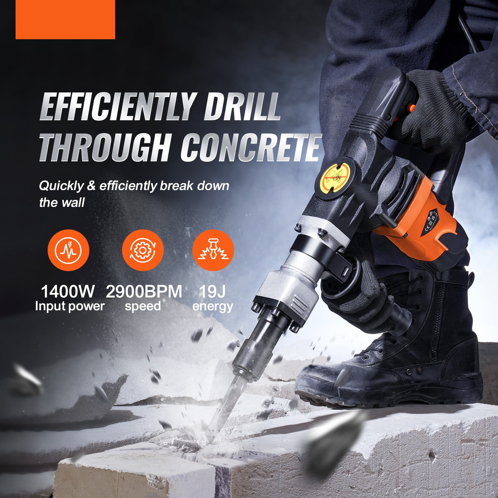 BENTISM Electric Hammer Drill, 1400W Industrial Demolition Tool for Concrete Breaking (Orange, 110V) 1wfzx