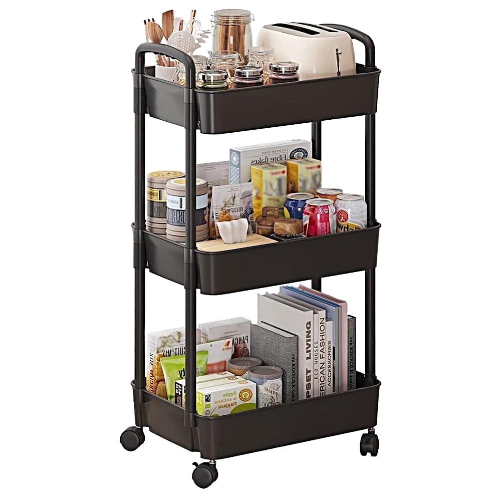 COWIN 3-Tier Metal Rolling Utility Cart with 6 Hooks (Black, 17 in x 15 in x 34 in) 7wkkx