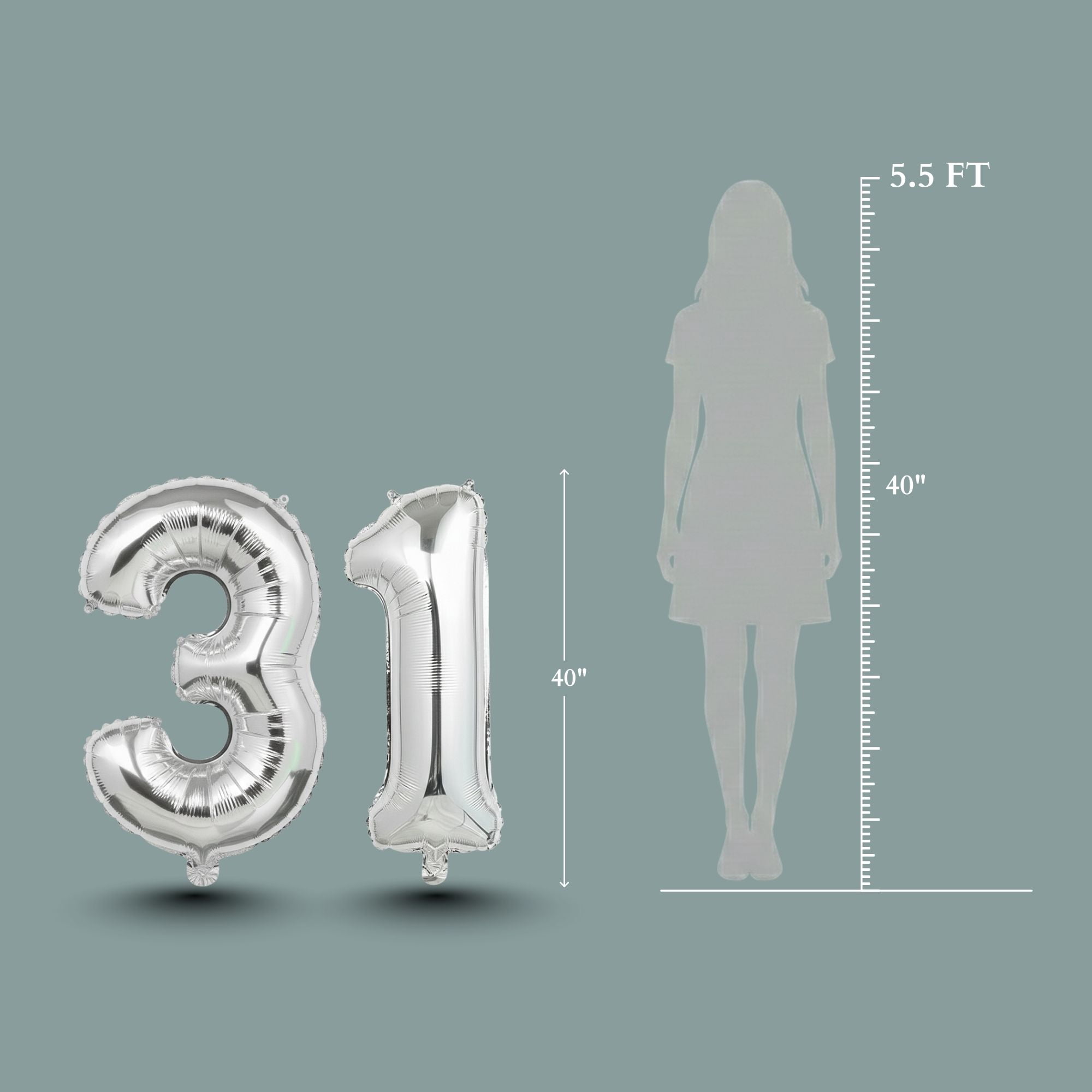 PARTY BALLOONS DELIVERY Number 31 Mylar Foil Balloon Set (Silver, 40 in) rik9y