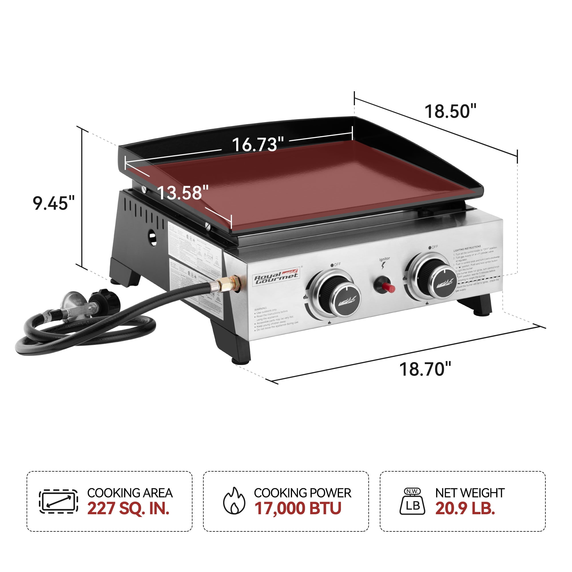 Royal Gourmet PD1204 Portable 17-Inch 2-Burner Tabletop Gas Griddle Grill (Silver, 227 sq. in. Cooking Area) wzk4k