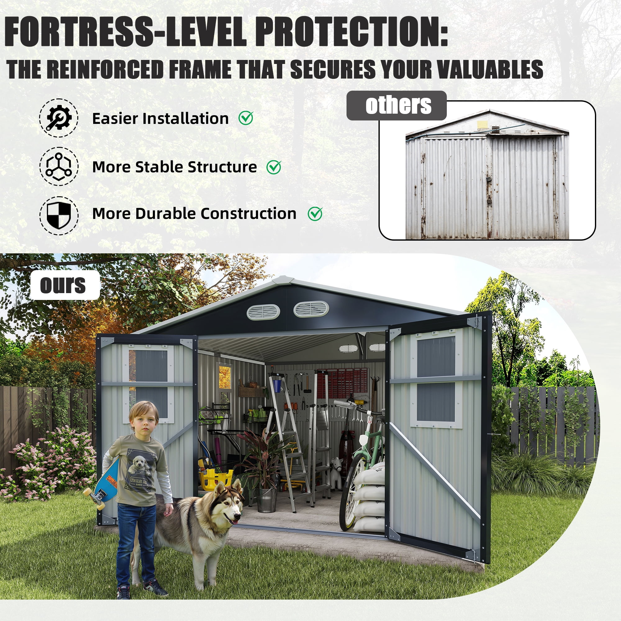 Olurrisa Outdoor Storage Shed, Metal Garden Tool Shed with 4 Windows and Lockable Door (Dark Gray, 8 ft x 8 ft) 3yi8b
