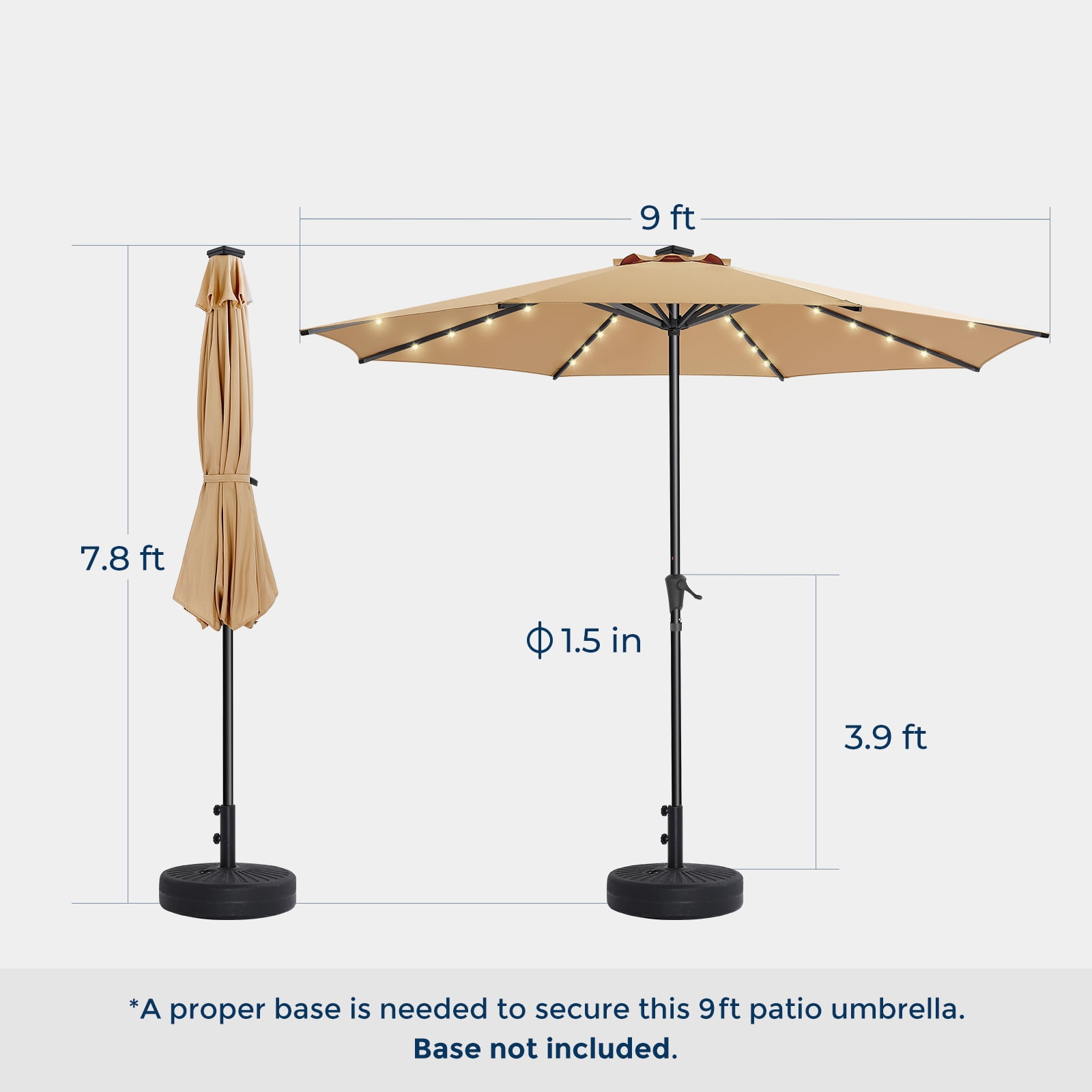 Patbrela 9ft Solar Powered LED Patio Umbrella with Tilt Adjustment and UV-Resistant Fabric (9 ft) 7n524