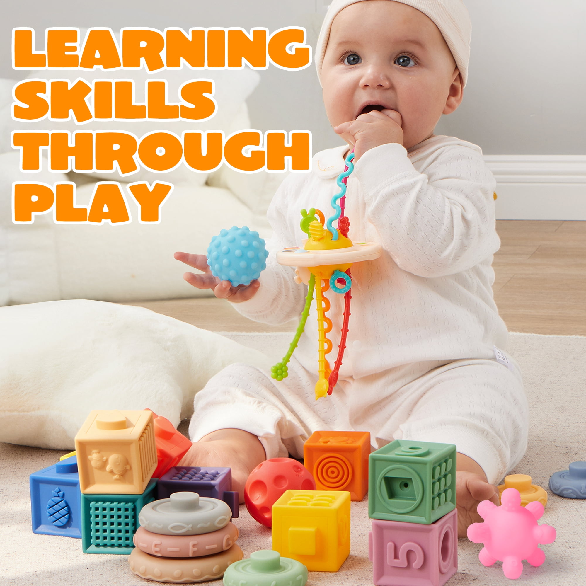 SYNCFUN Montessori Sensory Toy Set for Infants, Educational Stacking Blocks and Teethers (Multi-Color, 20-Piece Set) iz7k6