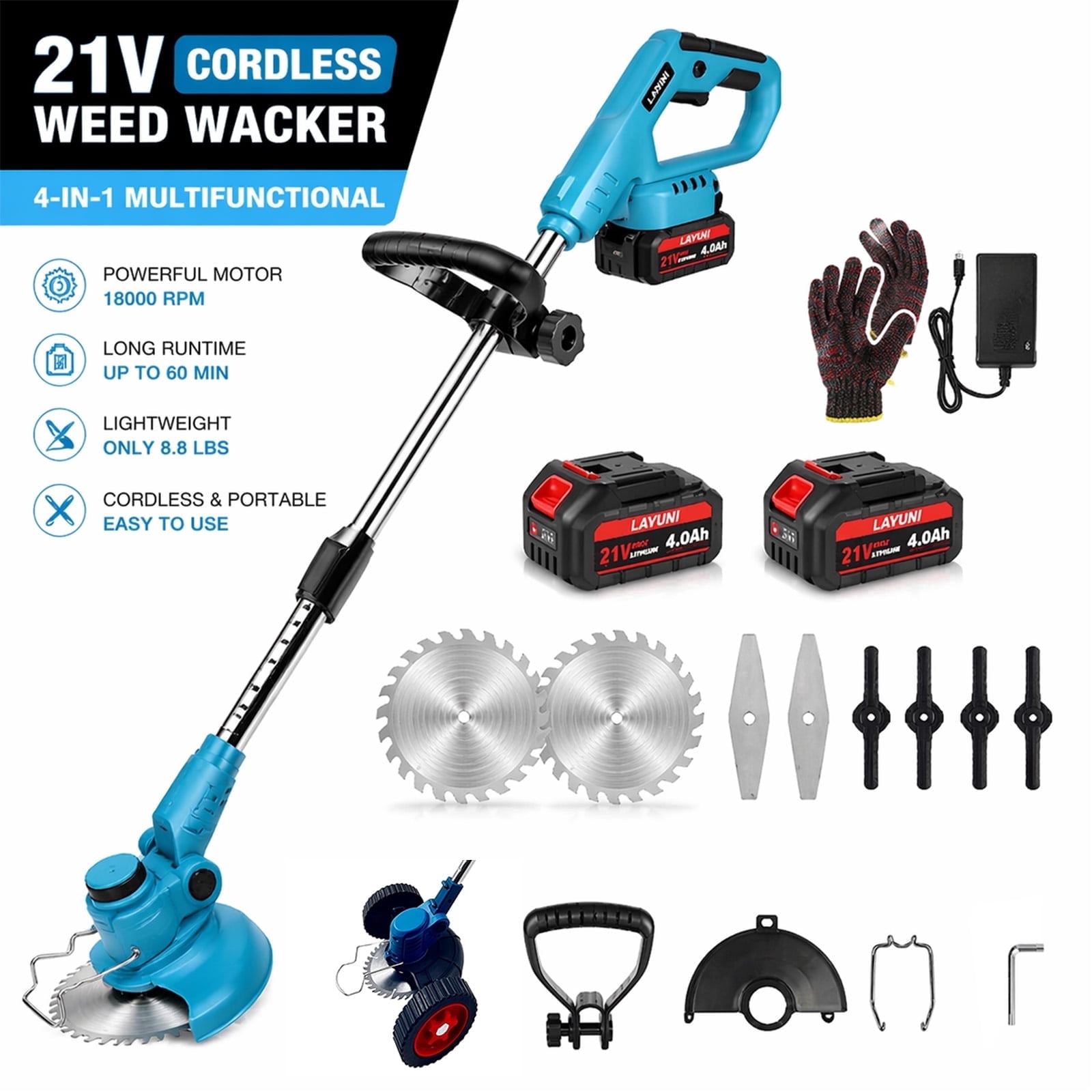 Susuzi 21V Cordless String Trimmer, Extendable Weed Wacker with 3-in-1 Cutting Blades (Blue, 1 Unit) dykw0