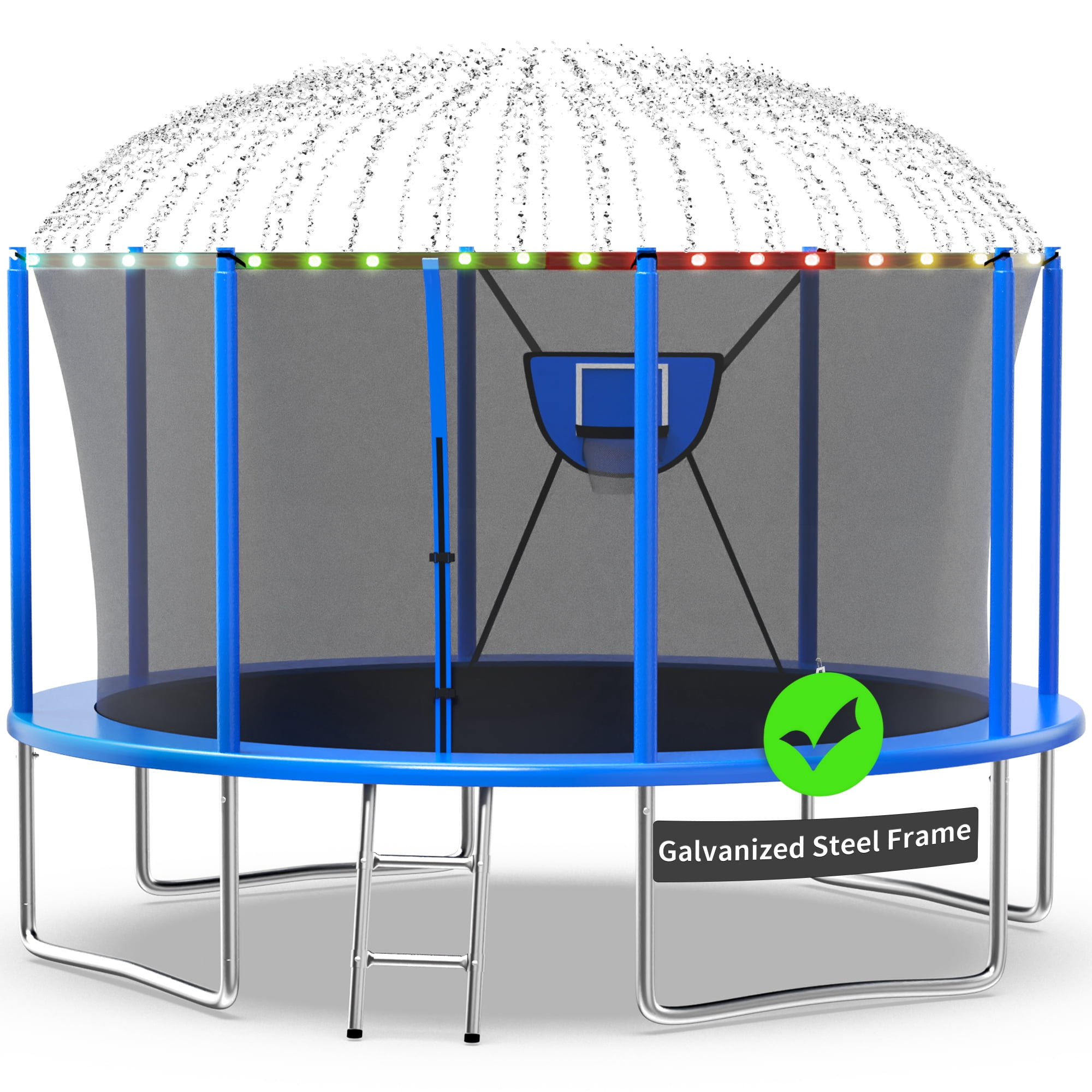Kacho Outdoor Round Trampoline with Enclosure Net and Basketball Hoop (Blue, 14 ft) 12y5d