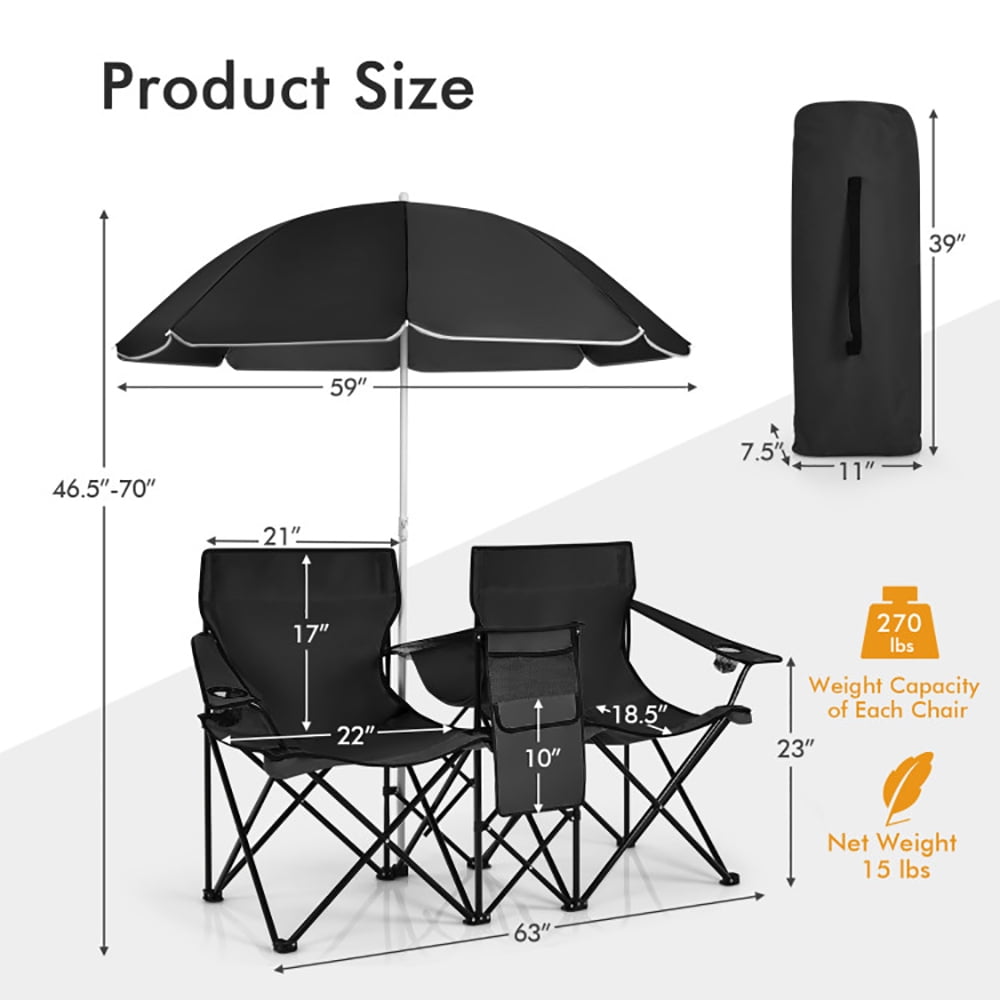 Kadyn Double Folding Camping Chair with Umbrella, Portable Outdoor Picnic Loveseat with Cooler Bag (Black, 2-Seat) vqnre