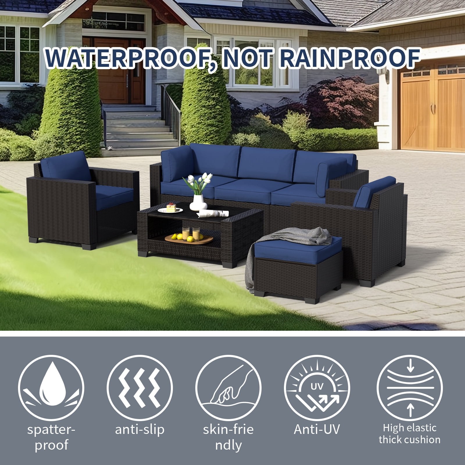 SHGJ&SOFT 7 Piece Patio Furniture Set, Wicker Outdoor Sectional Sofa with Tempered Glass Table (Black, 7 Piece Set) ej0jw