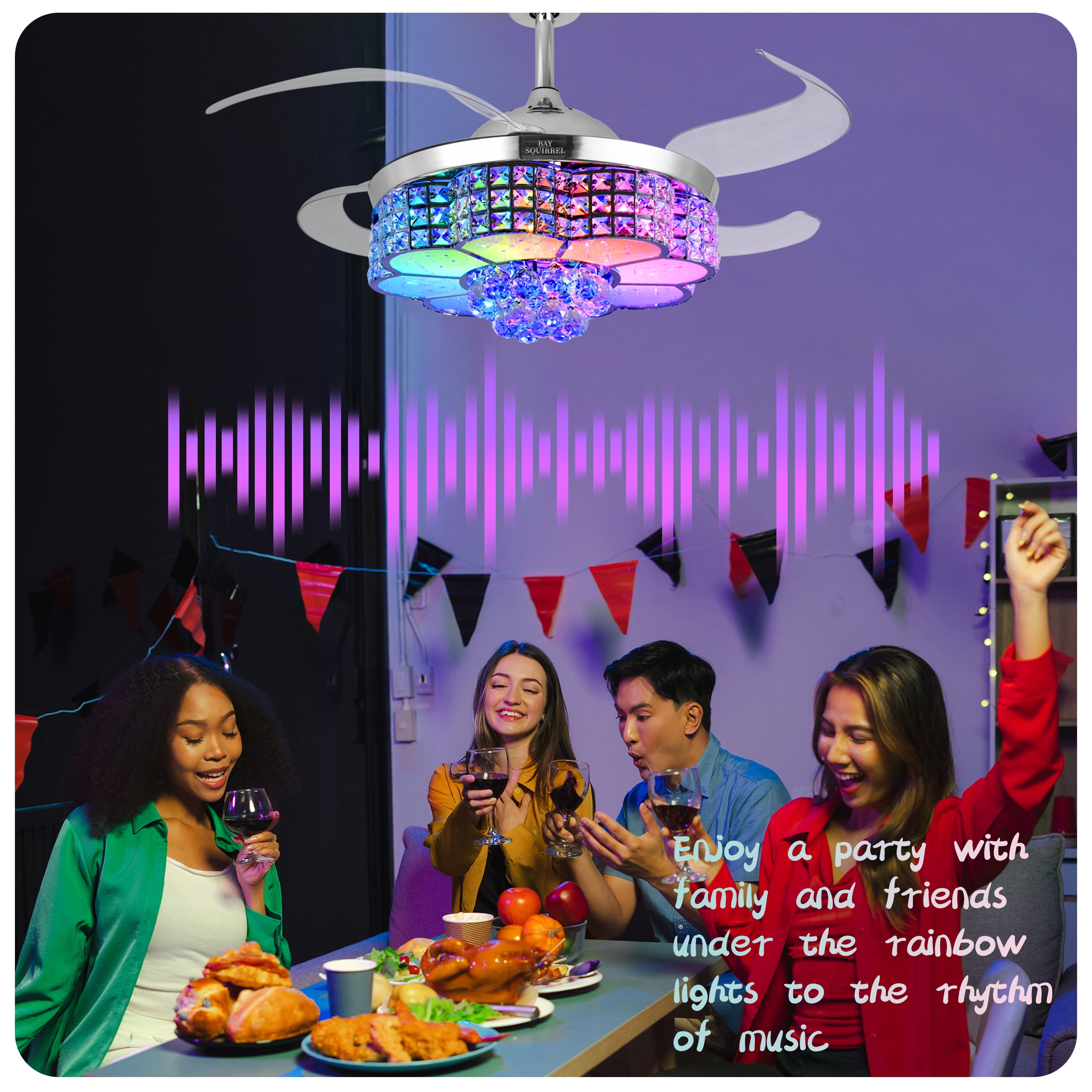 BAYSQUIRREL Retractable Crystal Ceiling Fan with RGB LED Light, Bluetooth Speaker, Remote & APP Control (6 Speeds, 42 in) 34zws