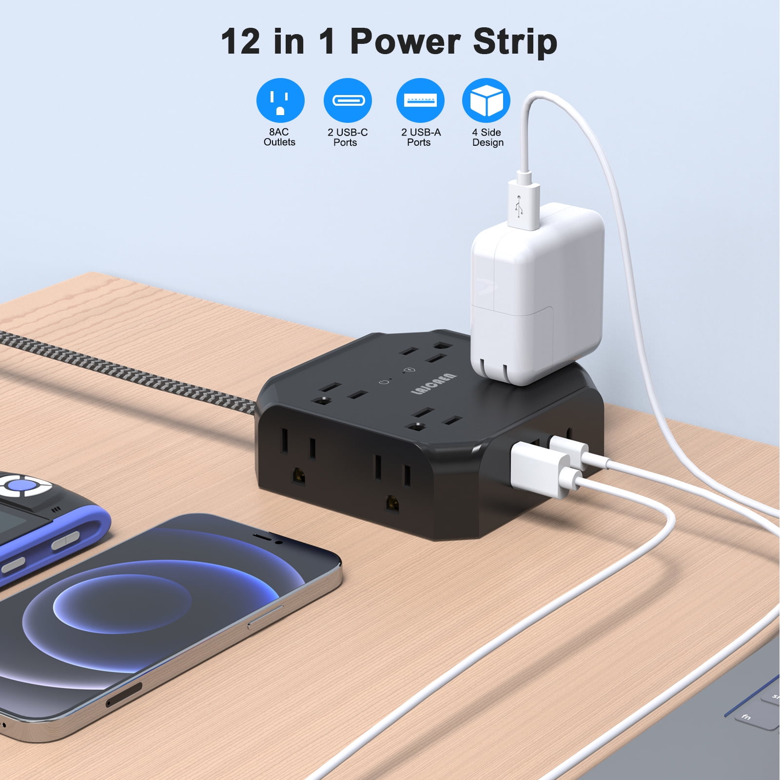 LAJCAEN Power Strip Surge Protector, 12-in-1 Extension Cord with 8 Outlets and 4 USB Ports (Black, 5 ft) 2pja8
