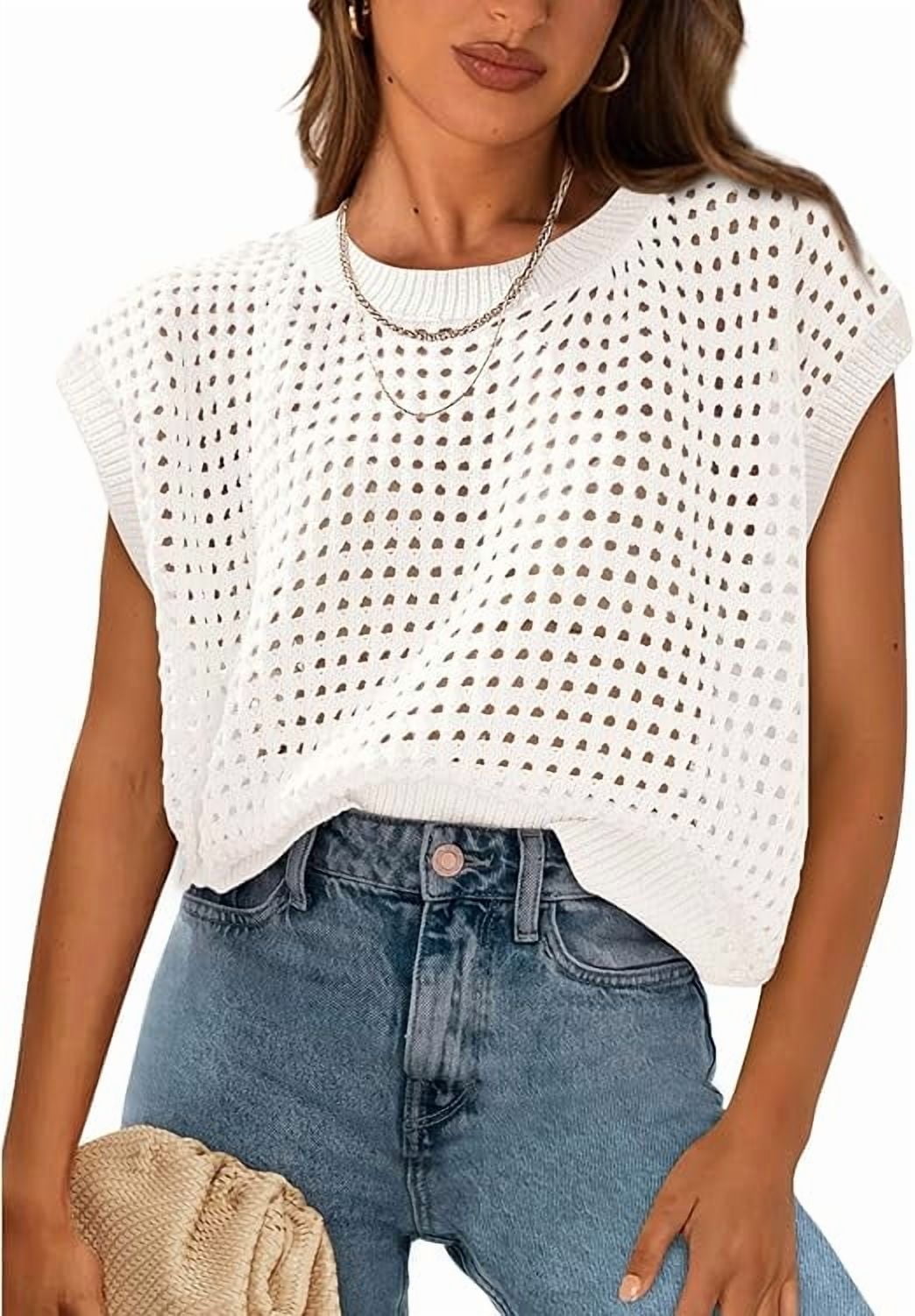 PRETTYGARDEN Womens Crochet Sweater Pullover Crew Neck Beach Cover Up (White, XL) oxhh8