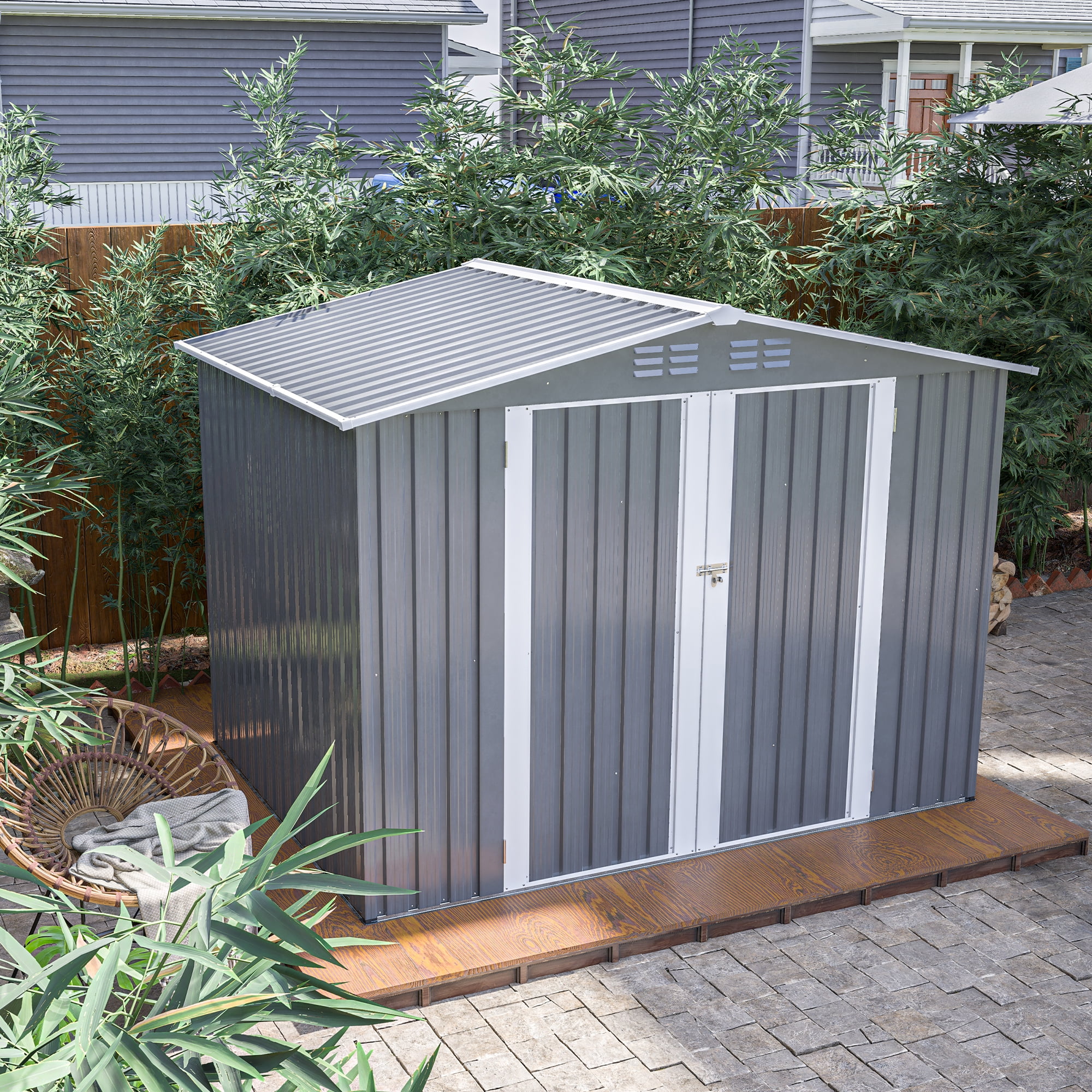 LIVIVOX Outdoor Garden Storage Shed with Lockable Doors and Air Vents (Grey, 8 x 6 ft) 131j3