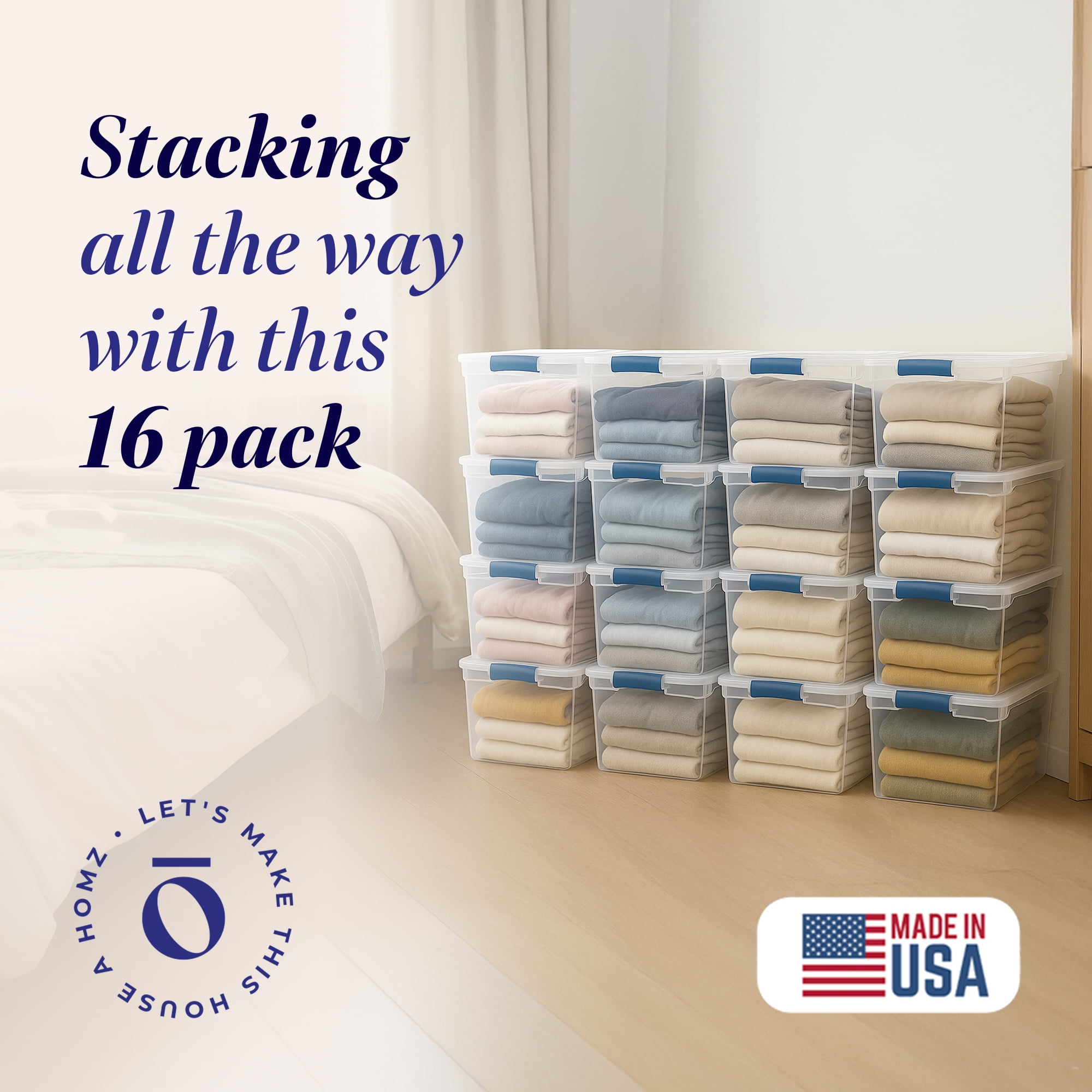 Homz Heavy Duty Stackable Storage Containers with Latching Lids (Clear, 31 Quart, 16 Pack) yheq9