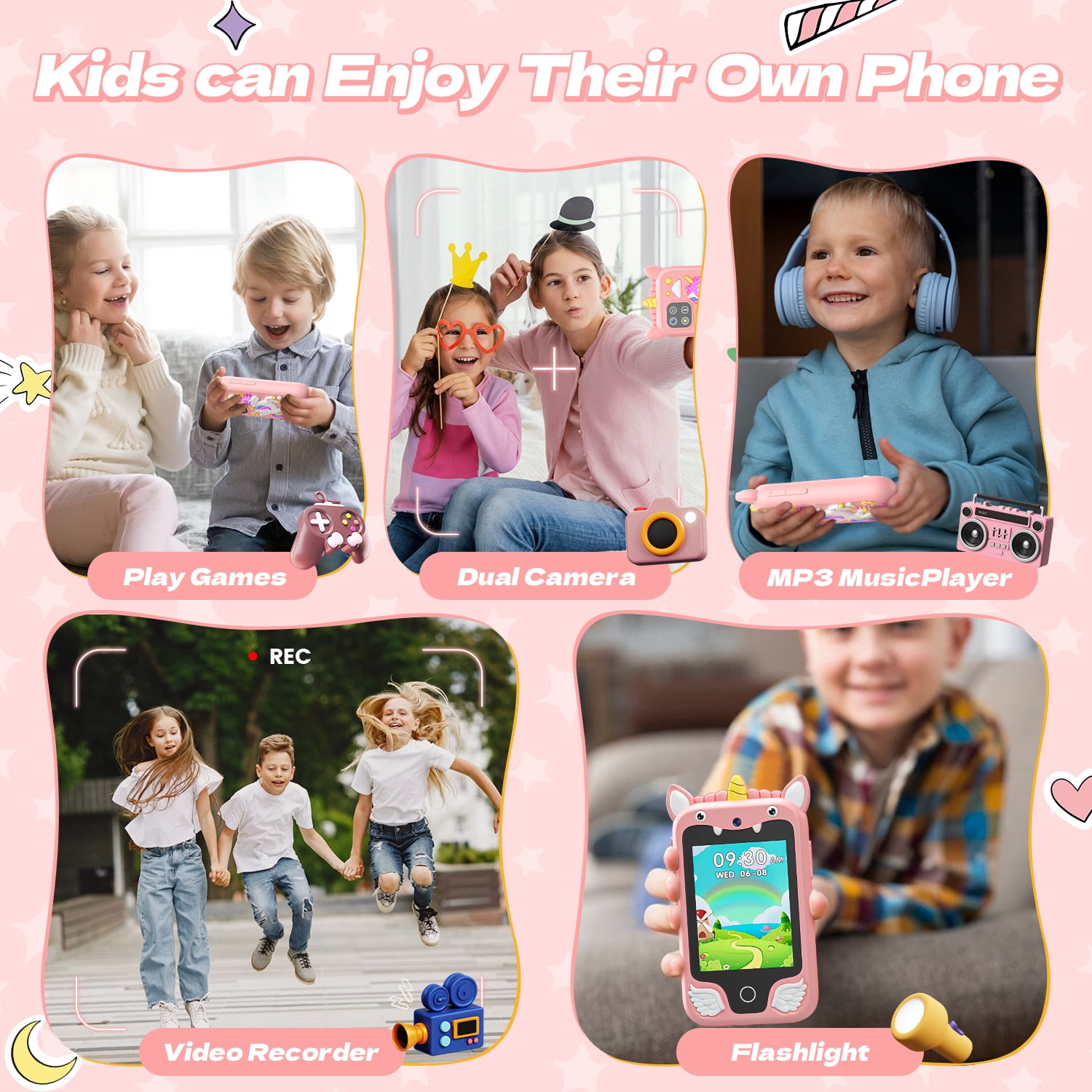 JoyStone Kids Smart Phone, 2.8 in Touchscreen Learning Toy with Dual Camera and Music Player (Pink, 8GB) 12ef4