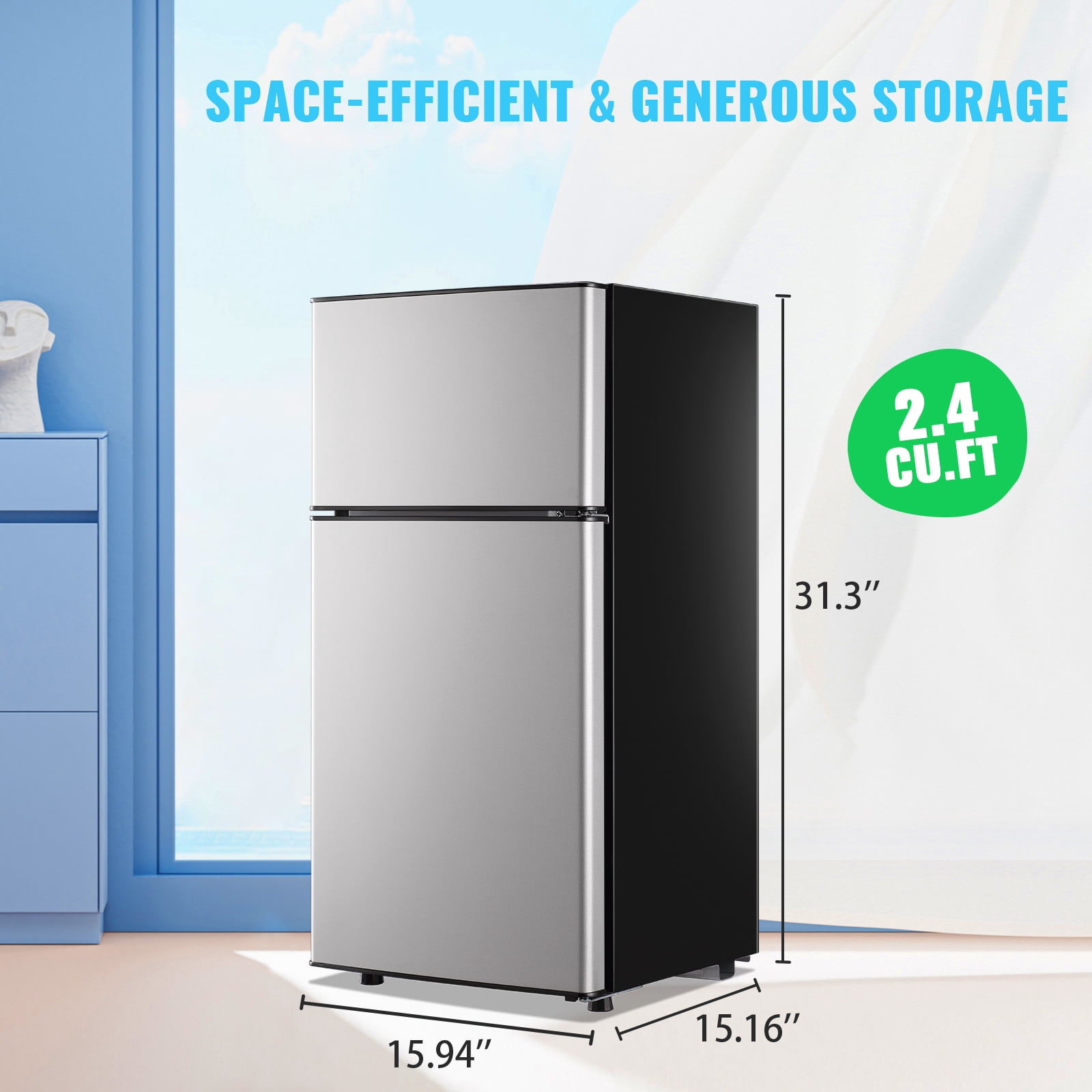 DEMULLER 2.4 Cu.ft Mini Refrigerator with Freezer, Dual Door Compact Fridge for Dorm Office (Silver, 2.4 Cu.ft) pnqxf