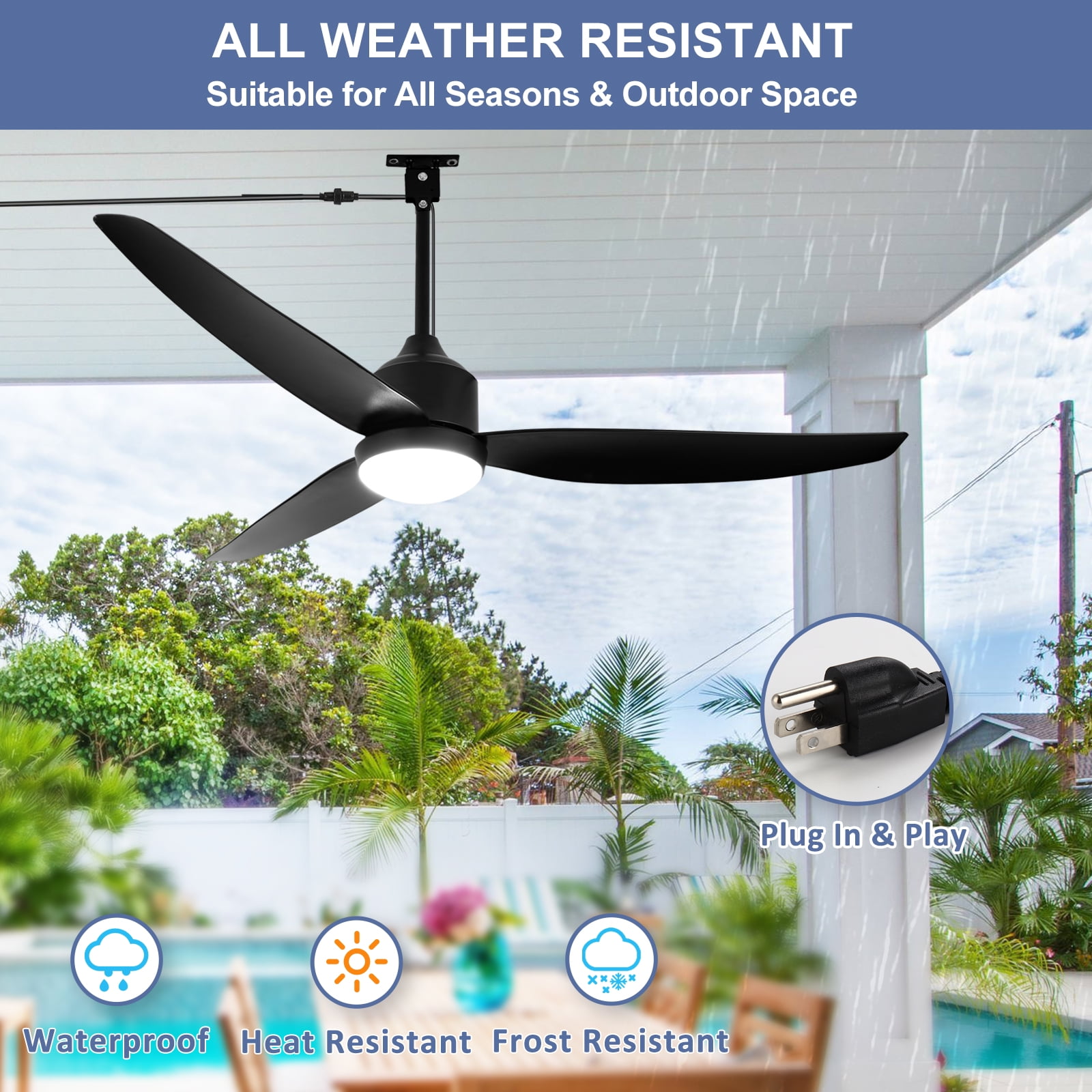 Depuley Outdoor Ceiling Fan with Light, Waterproof Hanging Fan for Patio and Gazebo (Black, 52 in) fq8yd