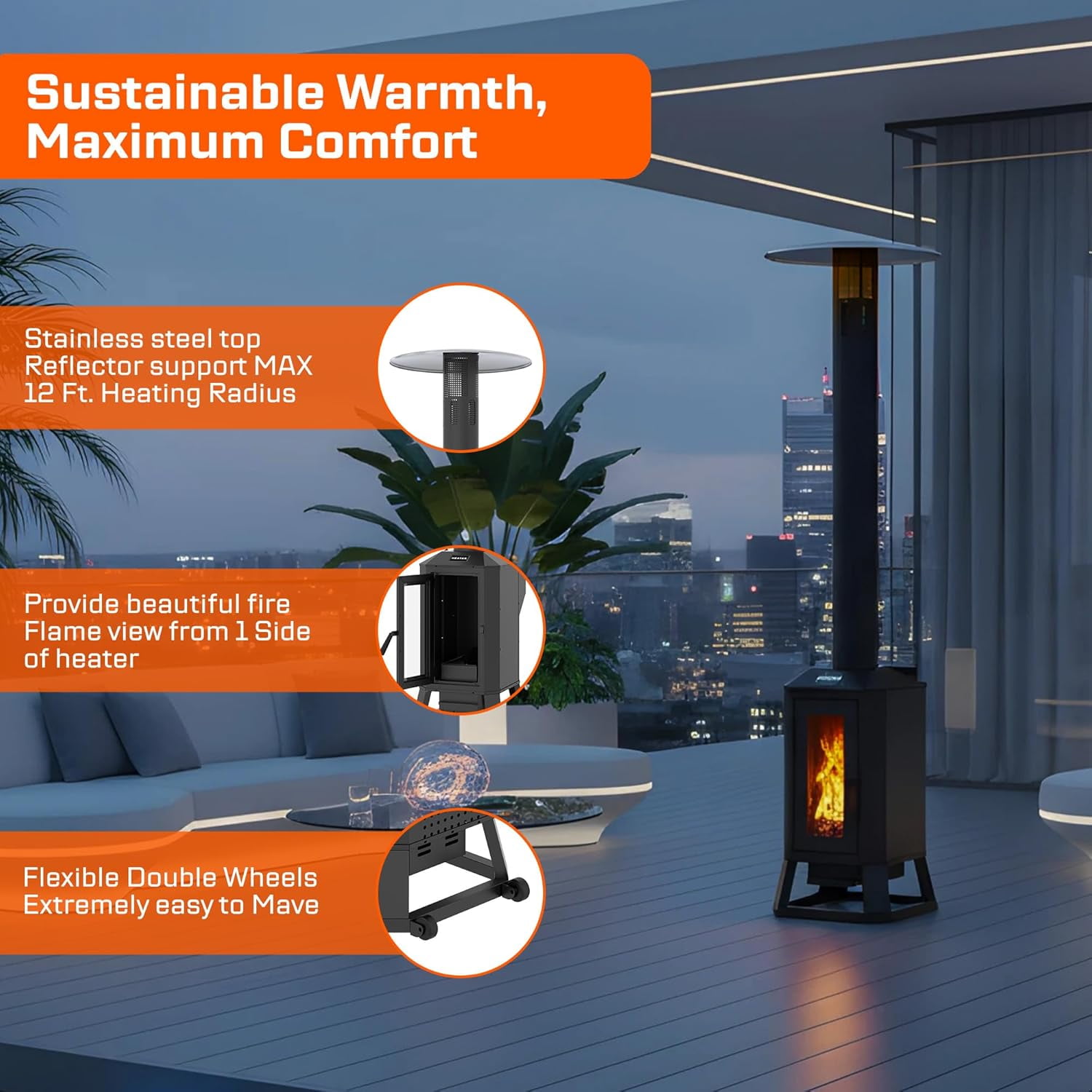 HEATAK Outdoor Wood Pellet Patio Heater, 70,000 BTU Freestanding Backyard Heater (Black, 79.9 in H x 26 in L x 65.5 in W) uzppj