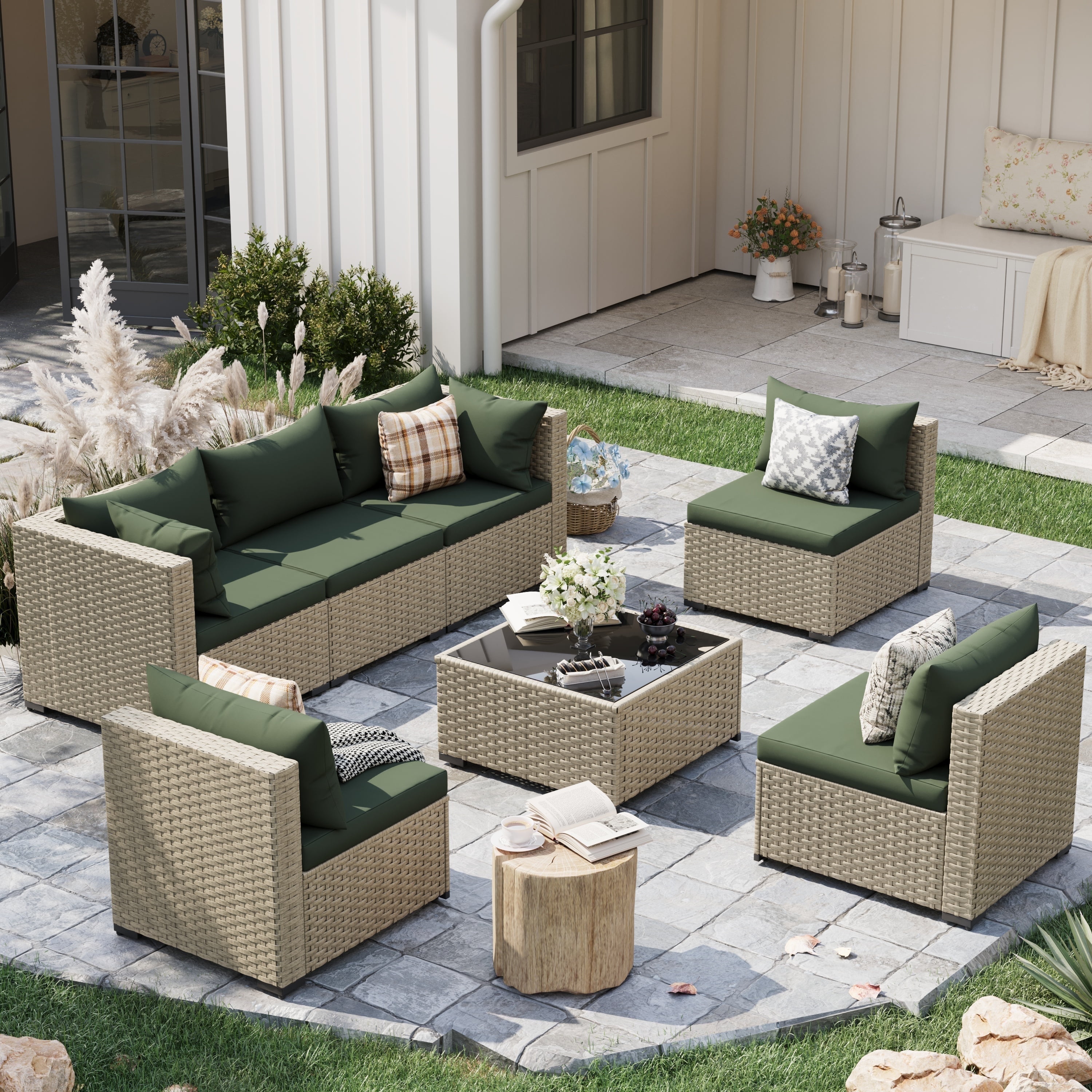 POTEBAN 7-Piece Outdoor Patio Furniture Set, Rattan Wicker Sectional Sofa with Cushions (Grey, 7-Piece) oq7q9