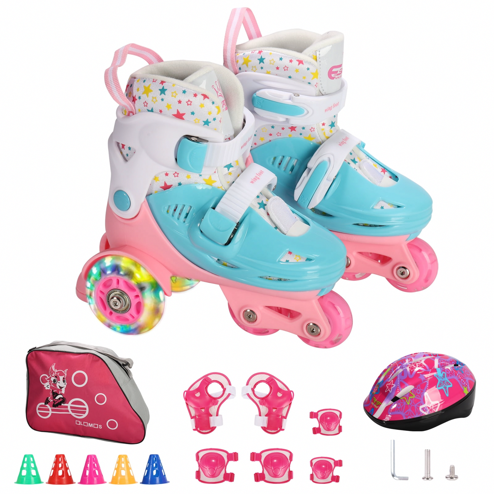 Eurhowing Kids Roller Skates with Light-Up Wheels, Adjustable Size for Growing Feet, Protective Gear Set Included (Blue, Small) mhy39