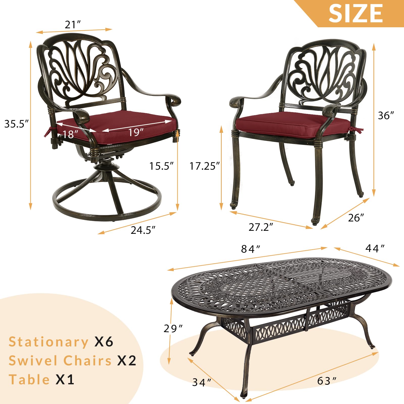 W WARMHOL 9-Piece Patio Dining Set, Cast Aluminum Outdoor Table and Chair Set with Cushions (Red, 84 in) ywro9