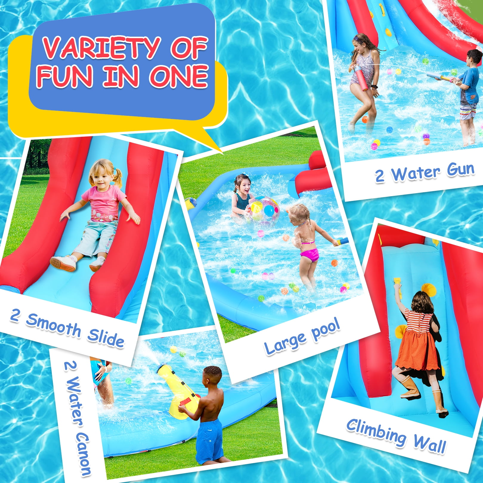 Veeboto Inflatable Water Slide Park with 440W Blower, Climbing Wall, Double Slides, and Splash Pool (Multicolor, 174 in x 152 in x 90 in) eocpf