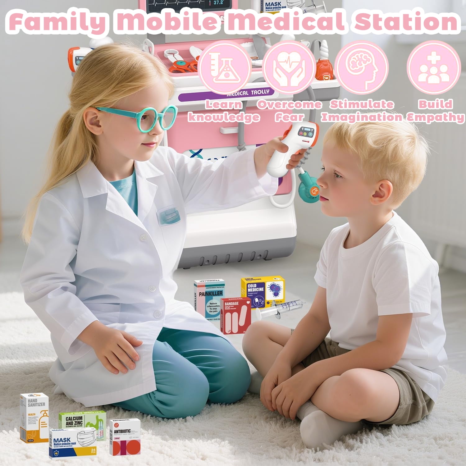 LINXUXIE Doctor Medical Play Set with Mobile Cart, Pretend Play Role Play Activity Center (Pink, 1 Set) huslj
