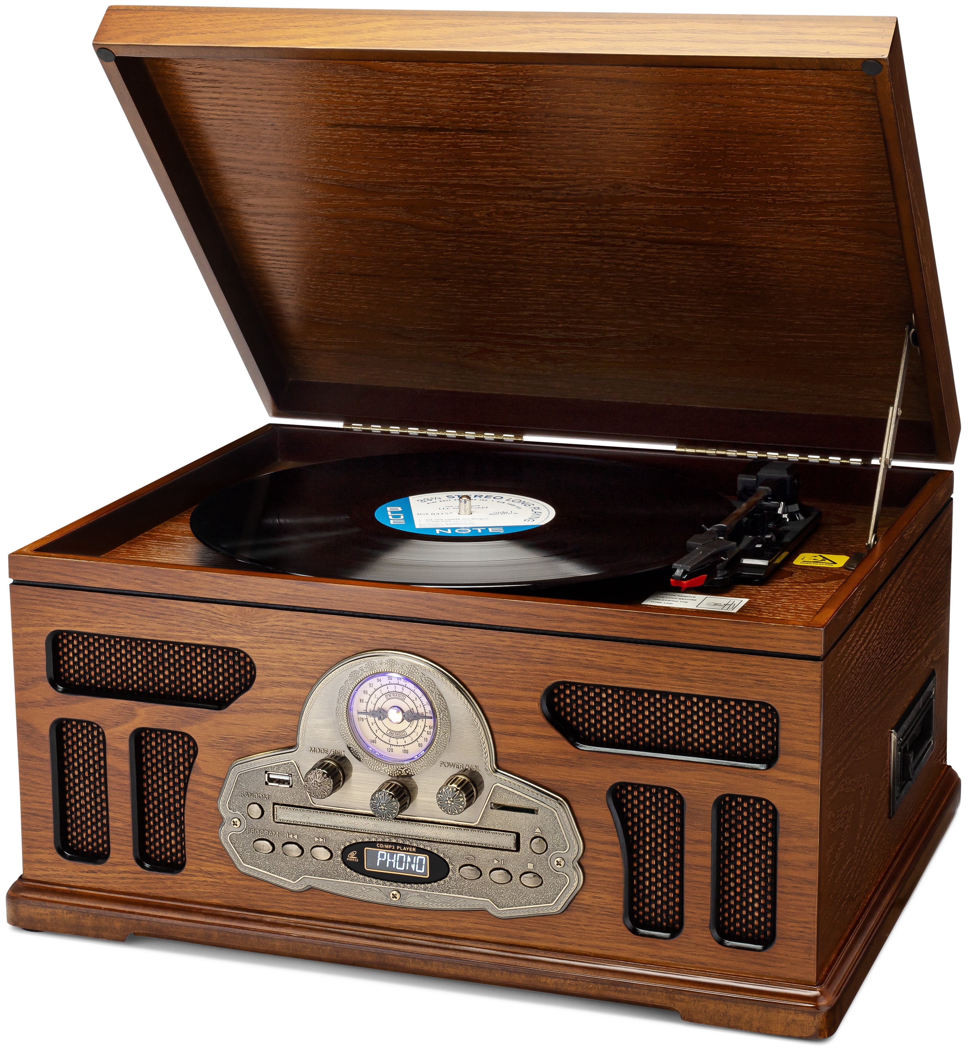 SoundBeast All-in-One Vintage Turntable with Bluetooth, CD, Cassette, and AM/FM Radio (Brown, 17 in x 13 in x 9.3 in) lersp