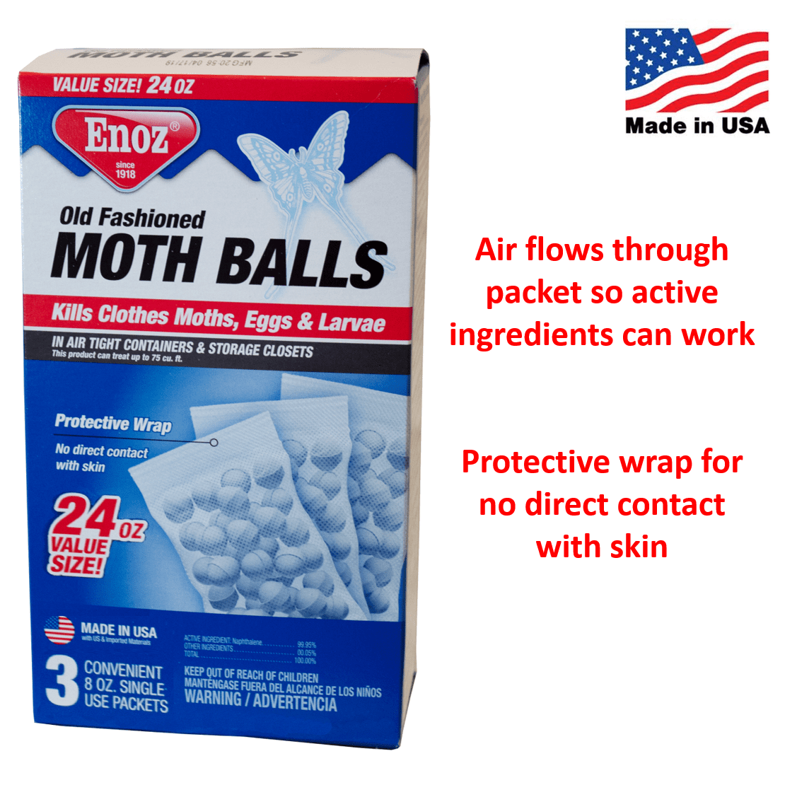Enoz Old Fashioned Moth Balls, Naphthalene Clothes Moth Killer (3 Packets, 24 oz) 4ohot