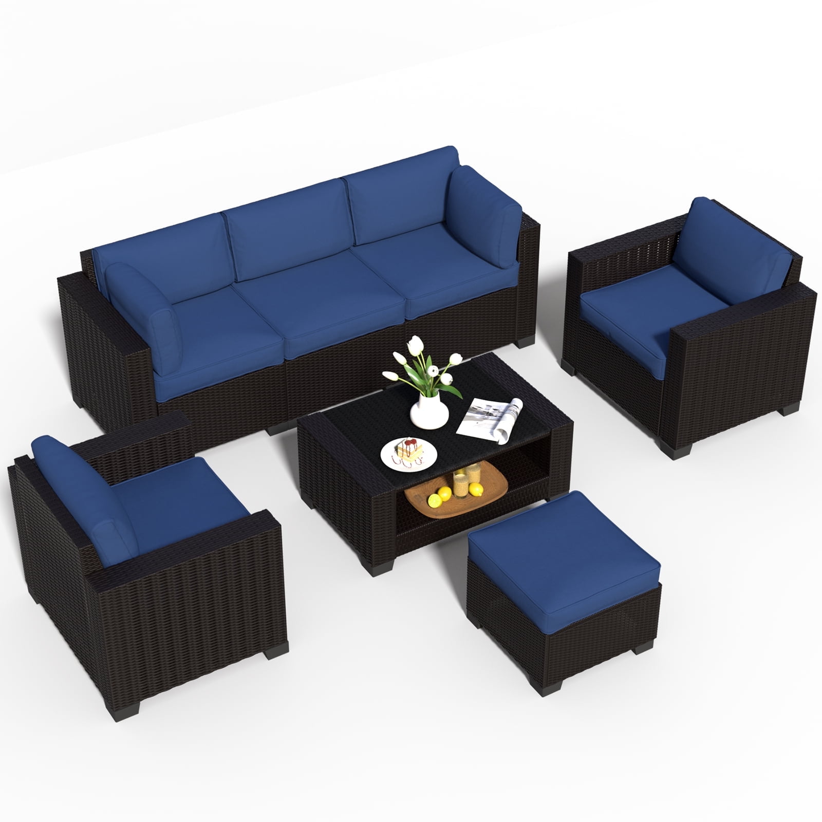 SHGJ&SOFT 7 Piece Patio Furniture Set, Wicker Outdoor Sectional Sofa with Tempered Glass Table (Black, 7 Piece Set) ej0jw