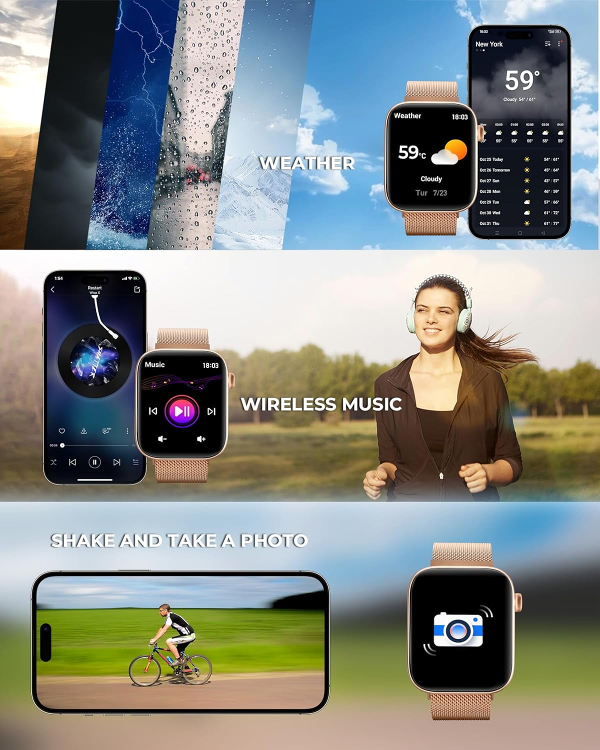 Visentor Smart Watch Fitness Tracker with Bluetooth Calling and 4 Interchangeable Bands (Gold, 1.96 in) r3ihs