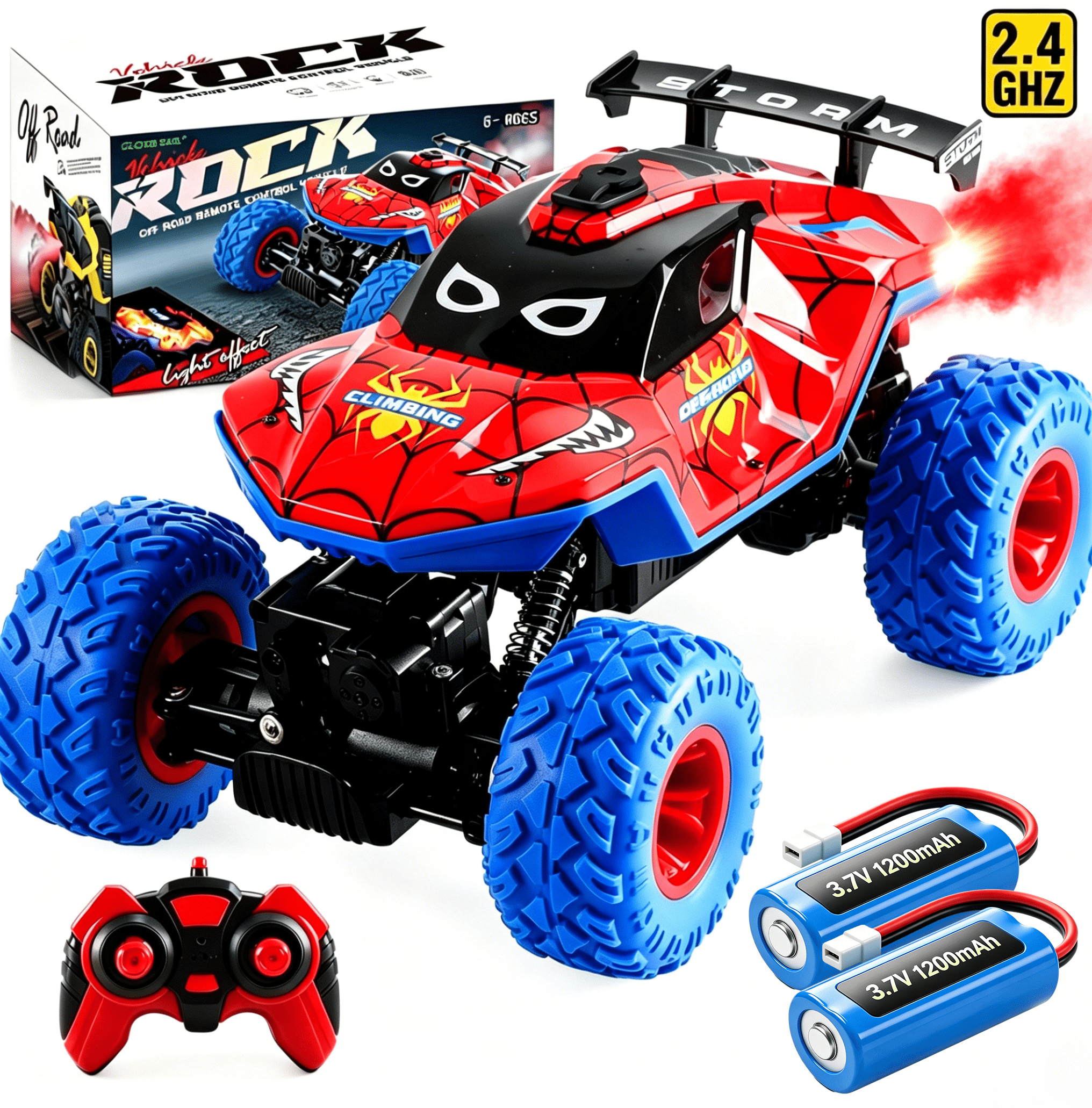 HNH 1:16 Spider Monster Truck RC Car, 4WD All-Terrain Off-Road Vehicle with LED Lighting and Spray Effect (Red, 1:16 Scale) zygid