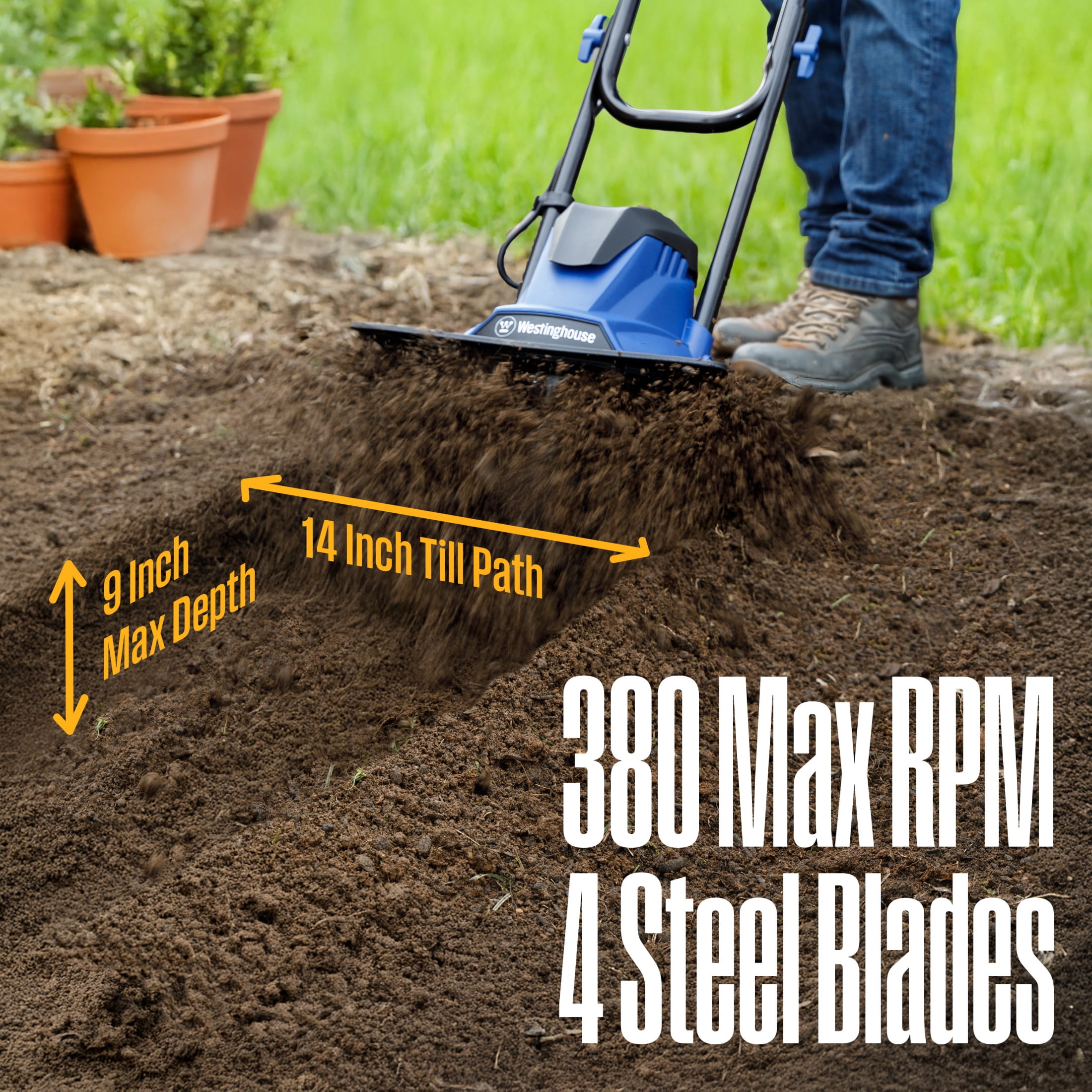 Westinghouse 10 Amp Corded Electric Tiller Cultivator (14 in, 4 Steel Blades) s28a0