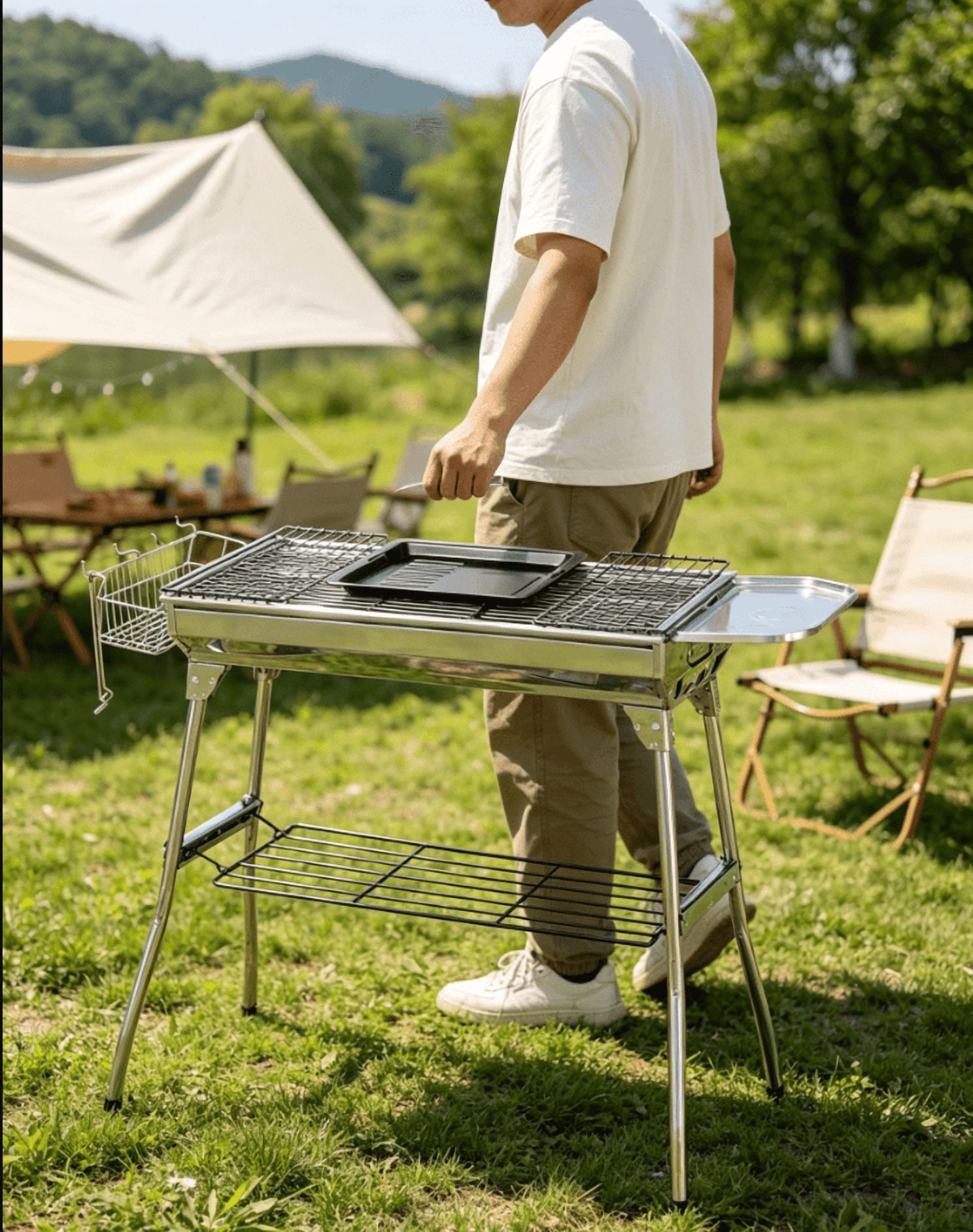 Alvantor Portable Stainless Steel Charcoal Grill, Outdoor BBQ Grill with Storage Shelf and Enamel Tray (Silver, 39.37 in) pzsr1