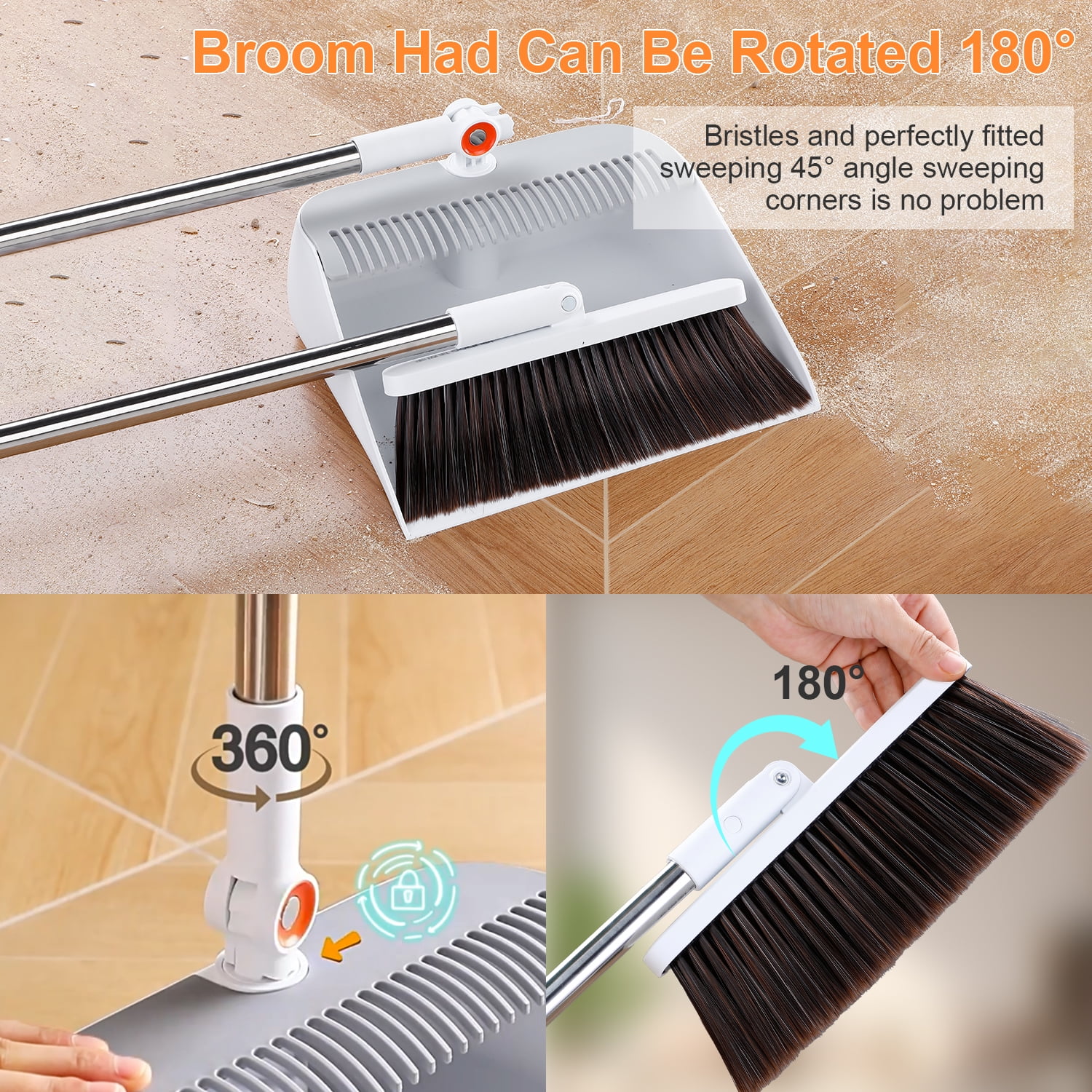 MAOFACE Broom and Dustpan Set for Home, Upright Cleaning Combo with Integrated Comb Teeth (White, 39 in) 76ckv